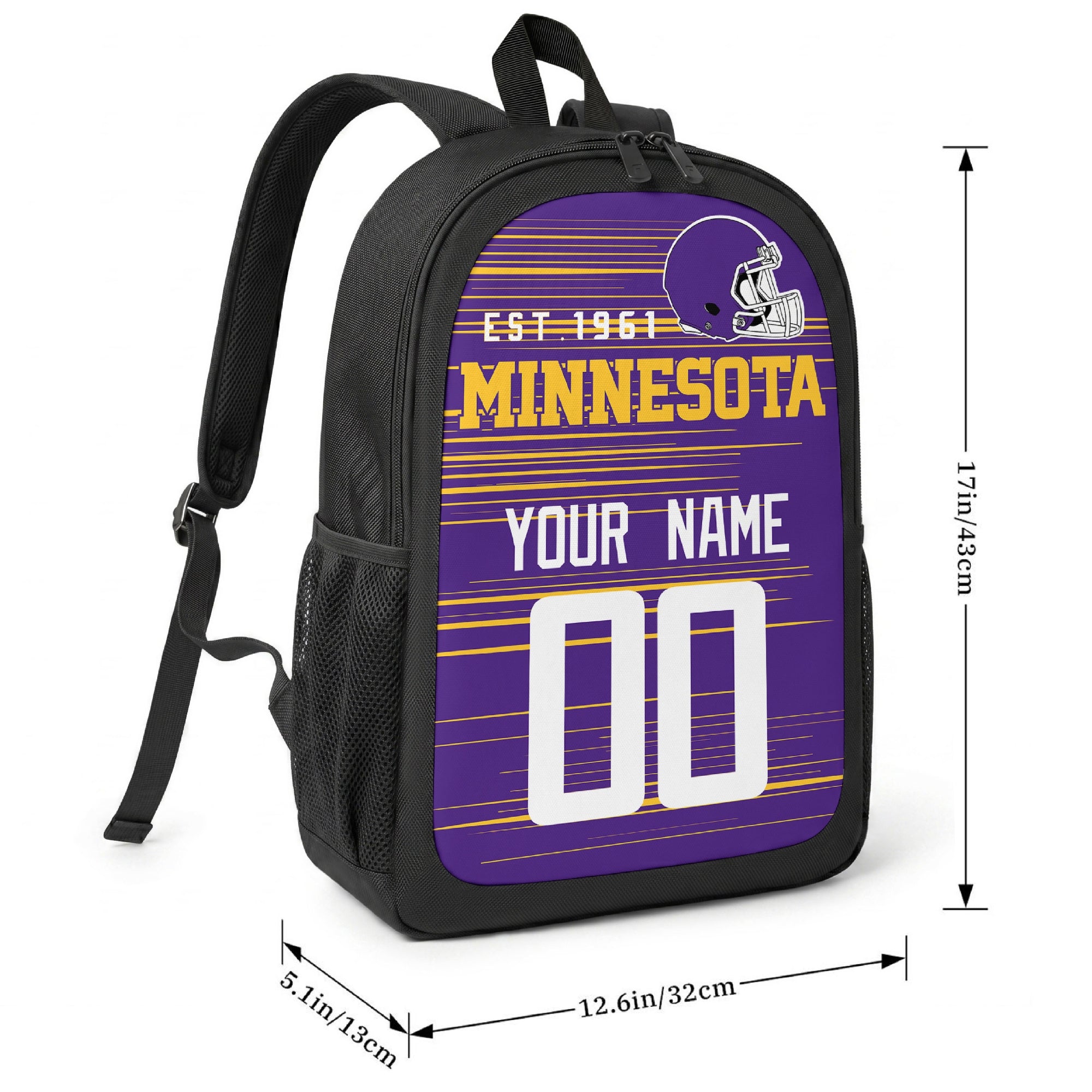 Minnesota football-inspired backpack size chart showing 17 inch height, 12.6 inch width, and 5.1 inch depth