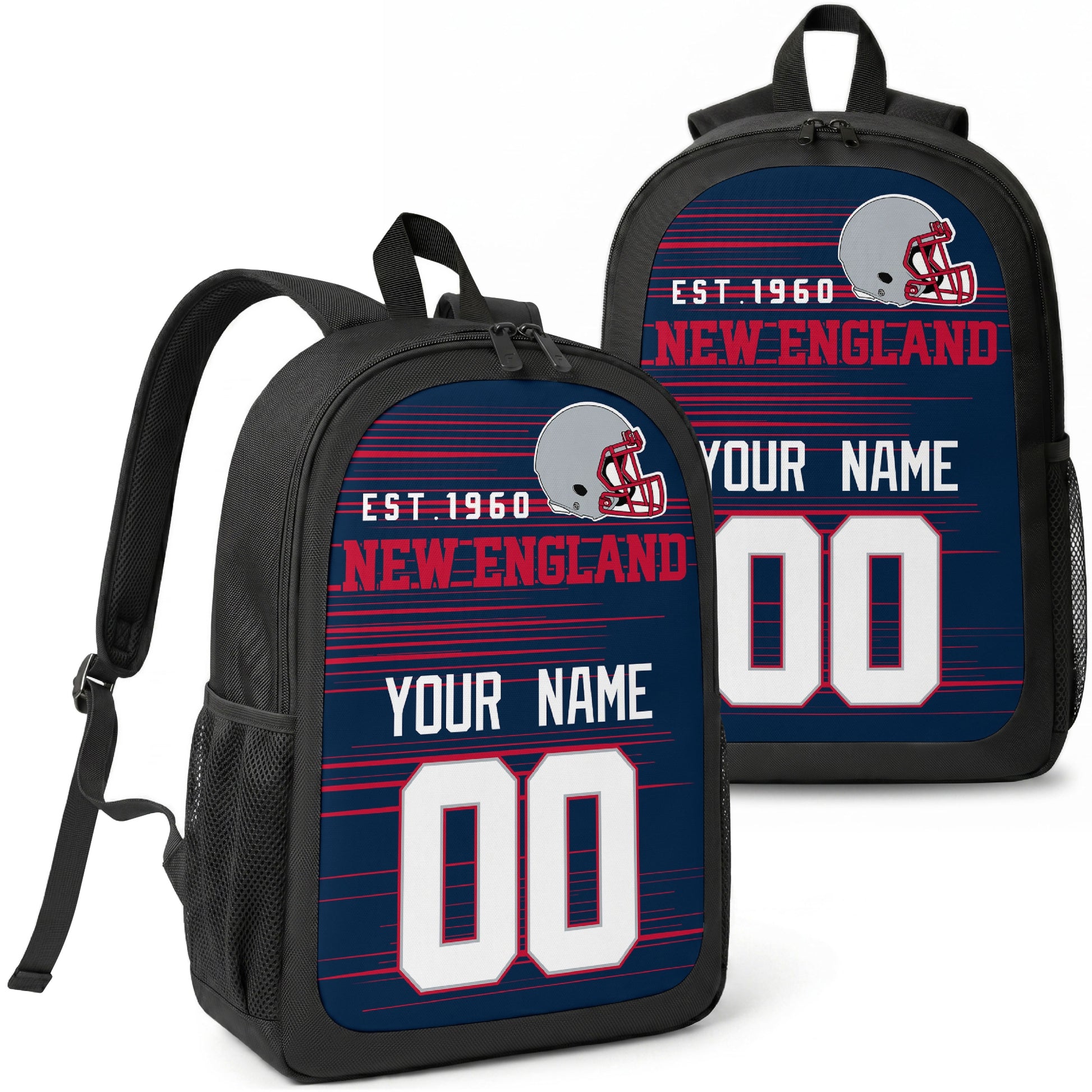 New England custom football backpack with name and number, front and angled product view