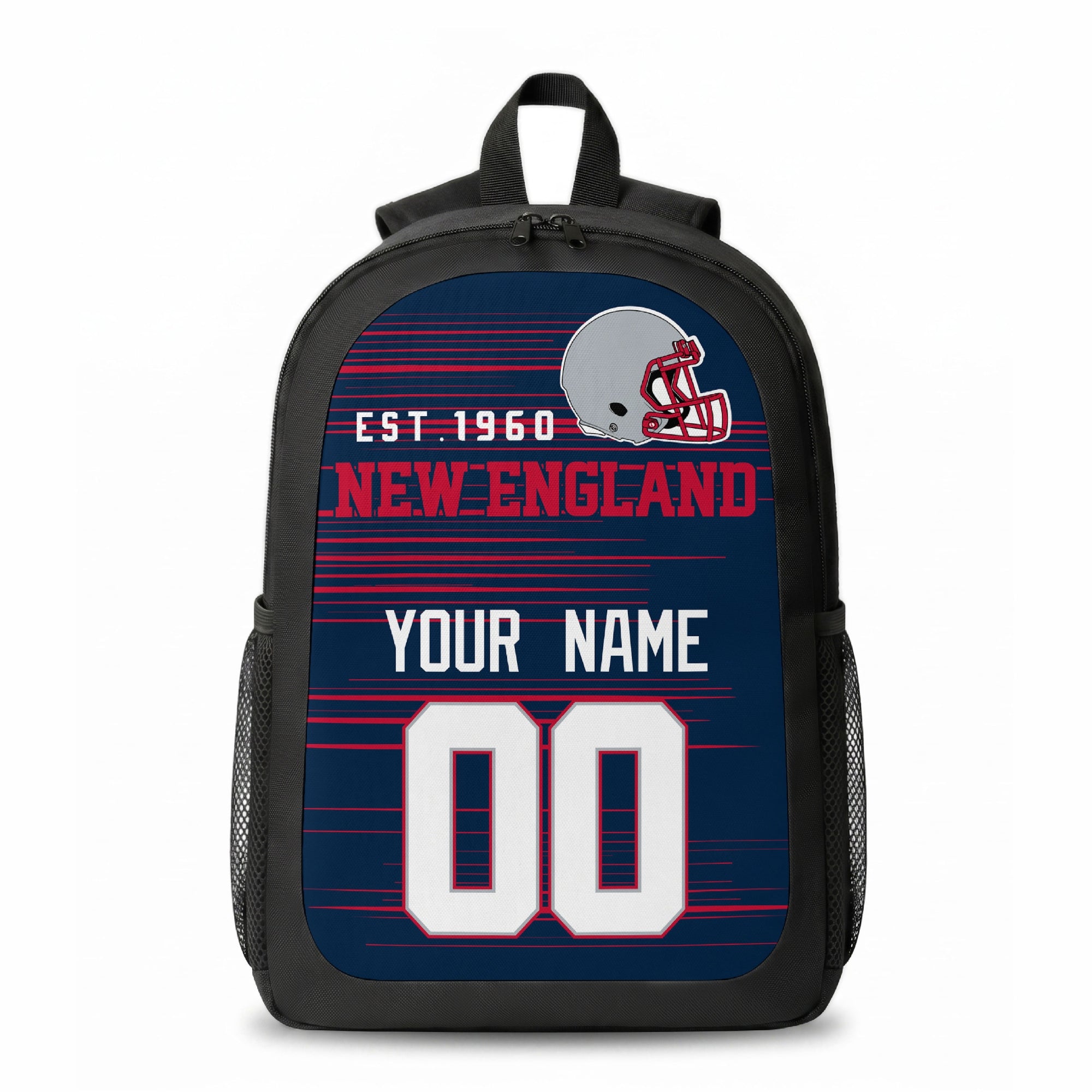 New England stripe colors personalized football backpack front view with helmet-style graphic
