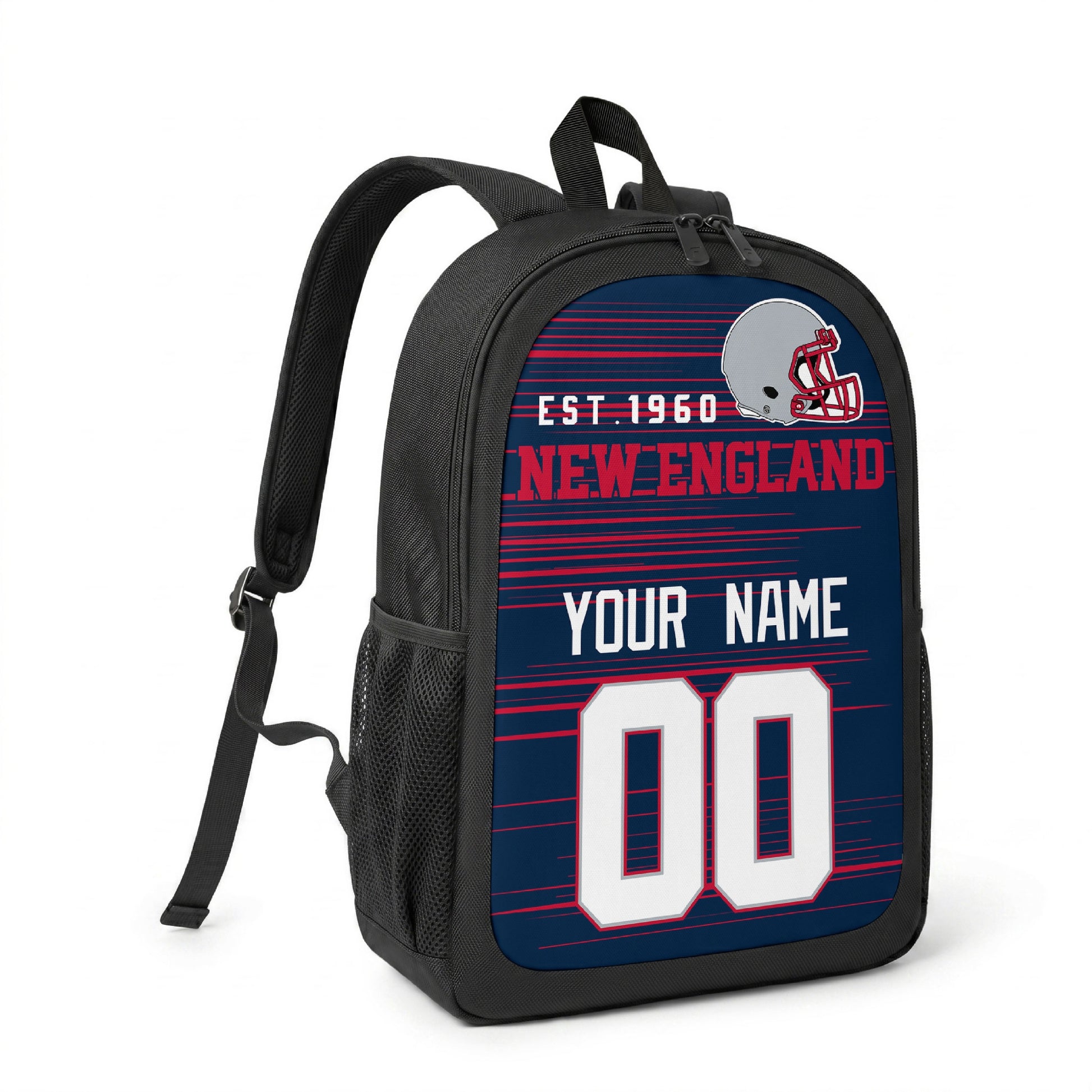 New England custom name and number football backpack angled side view with black straps