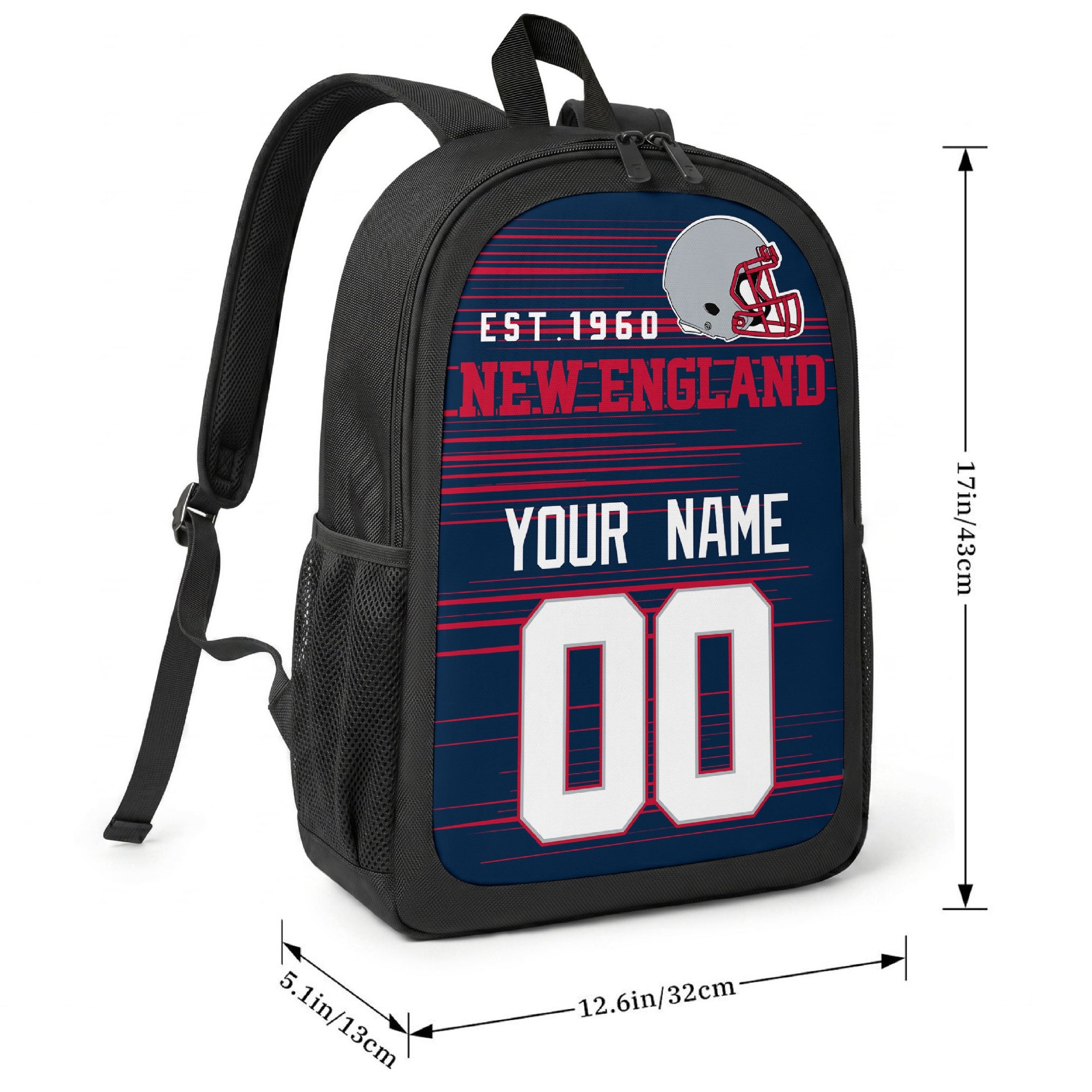 New England football-inspired backpack size chart showing 17 inch height, 12.6 inch width, and 5.1 inch depth