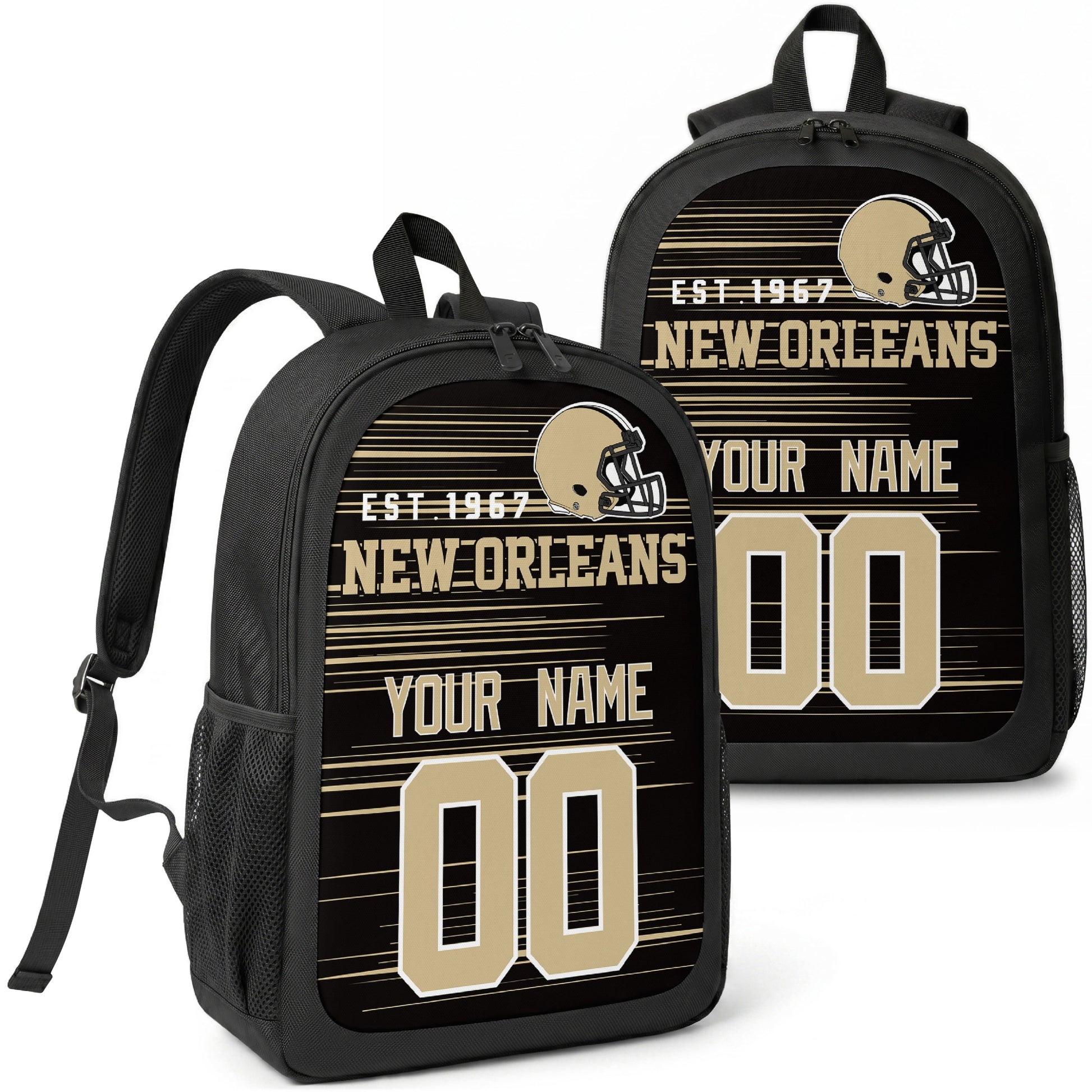 New Orleans custom football backpack with name and number, front and angled product view