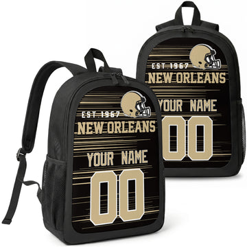 New Orleans custom football backpack with name and number, front and angled product view