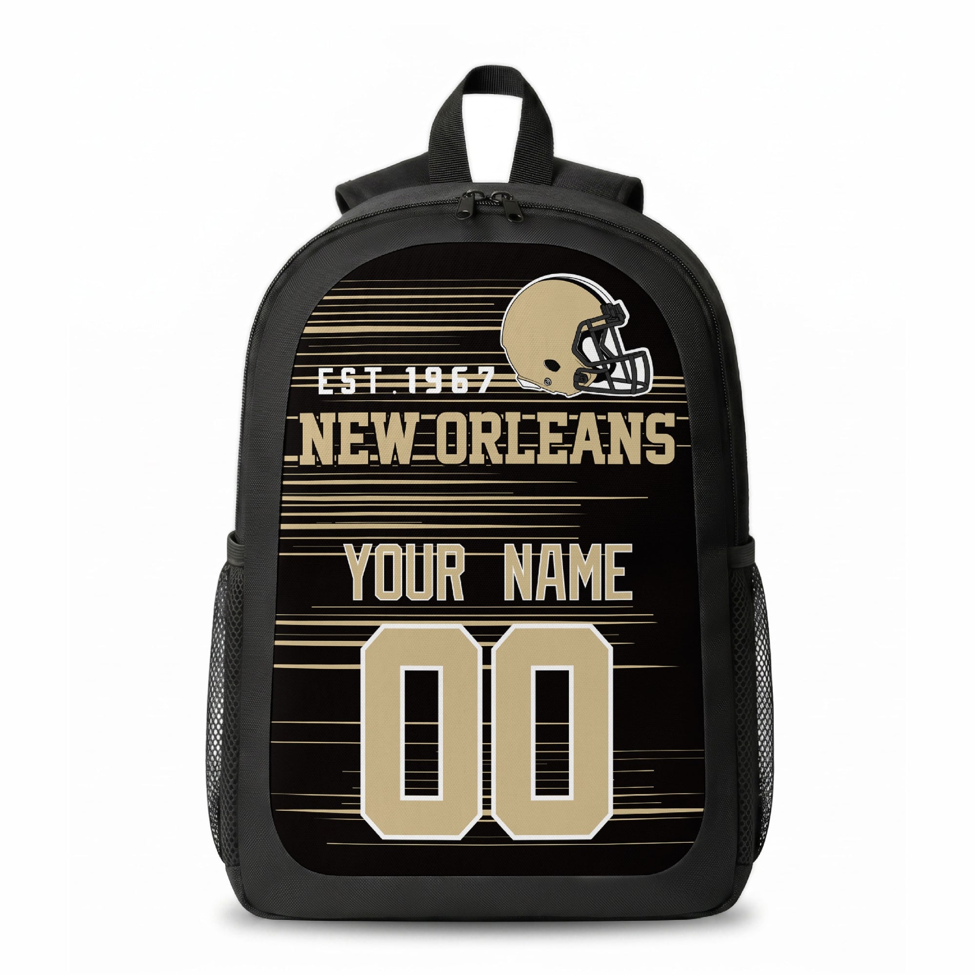 New Orleans stripe colors personalized football backpack front view with helmet-style graphic