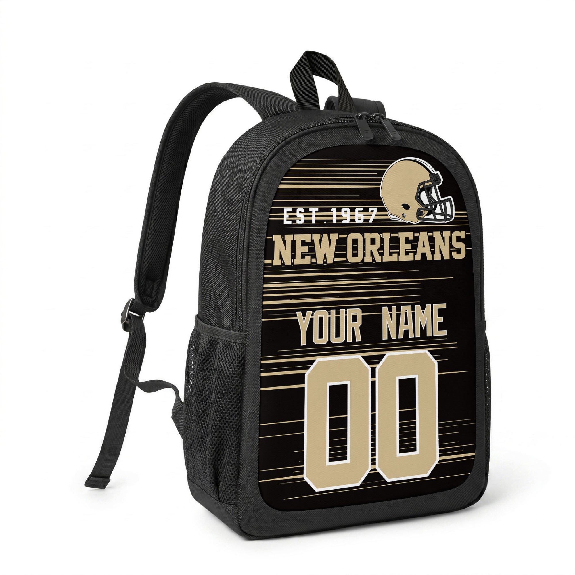 New Orleans custom name and number football backpack angled side view with black straps