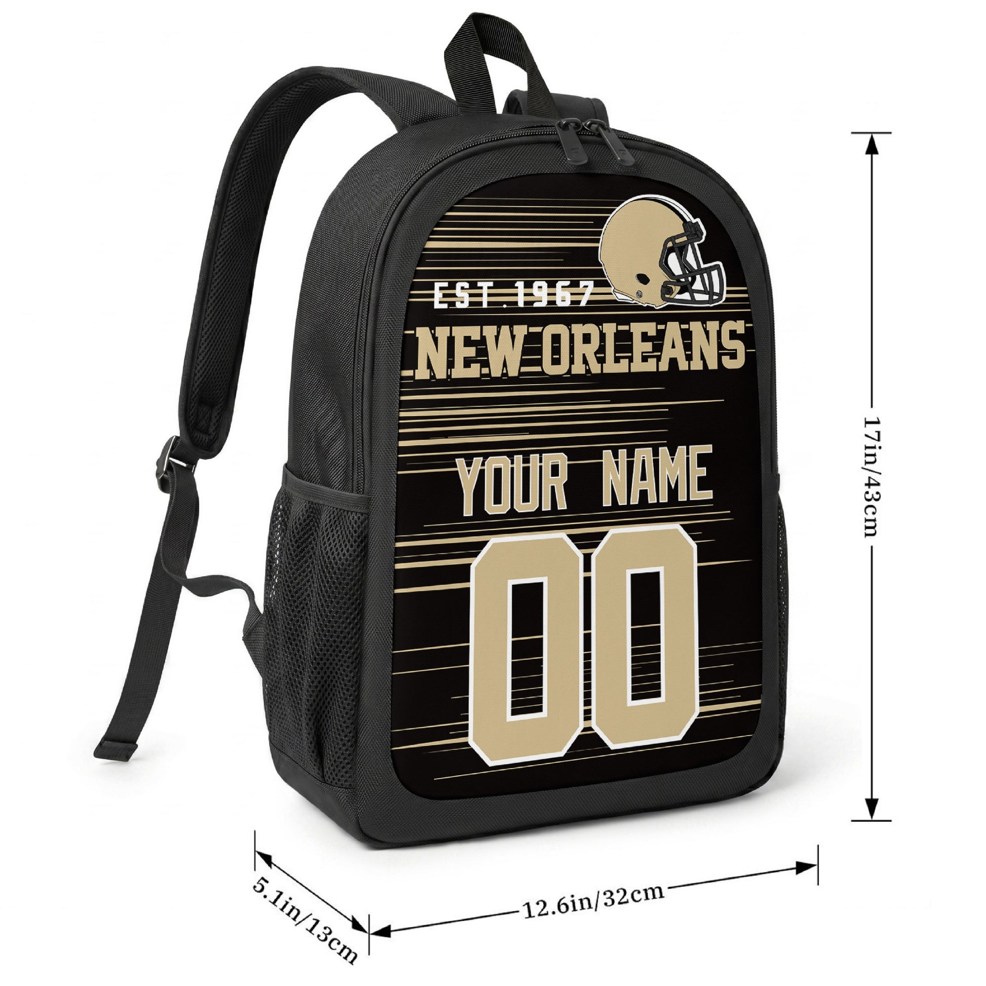 New Orleans football-inspired backpack size chart showing 17 inch height, 12.6 inch width, and 5.1 inch depth