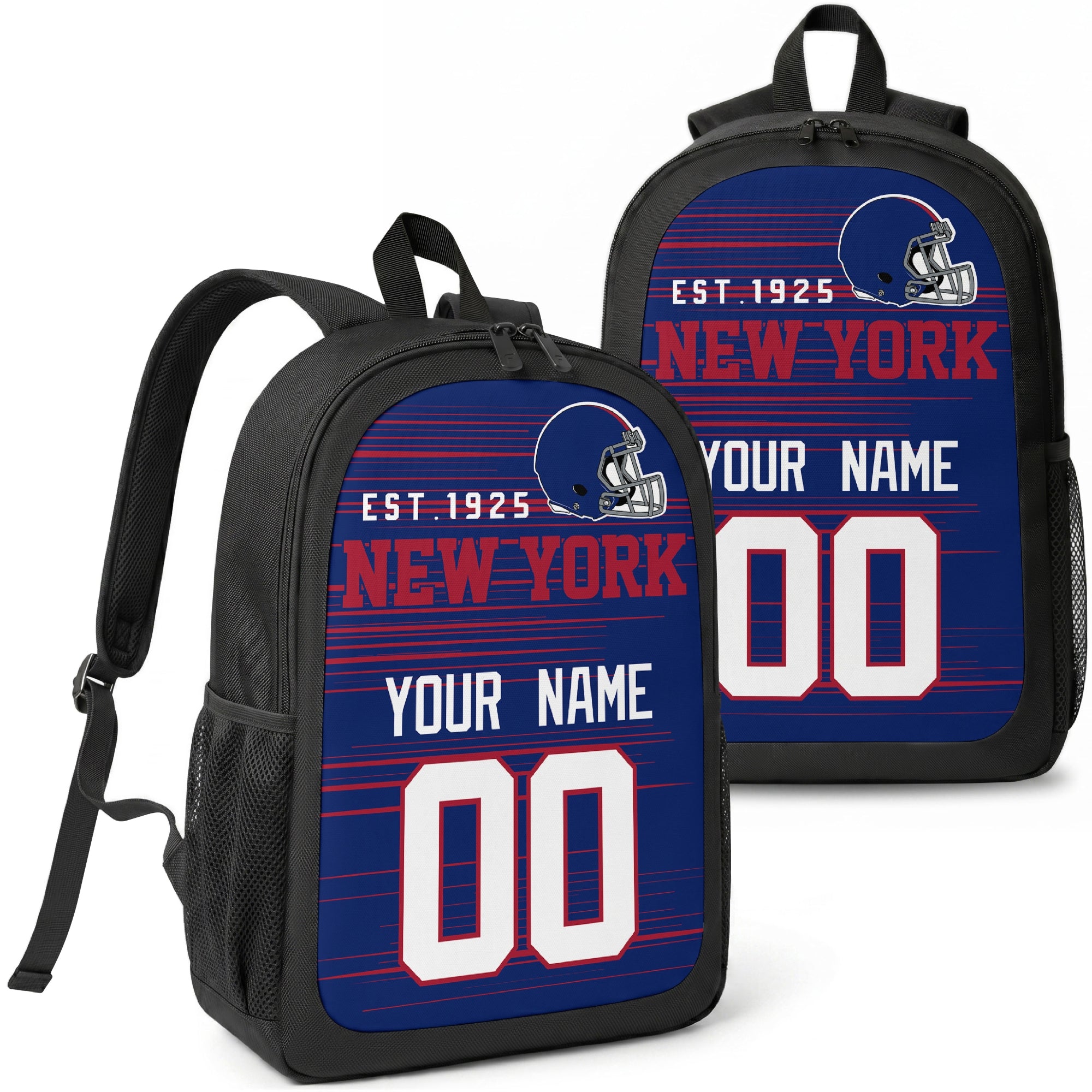 New York custom football backpack with name and number, front and angled product view