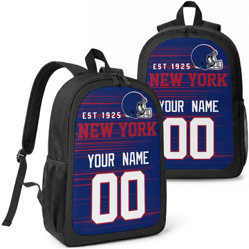 New York custom football backpack with name and number, front and angled product view