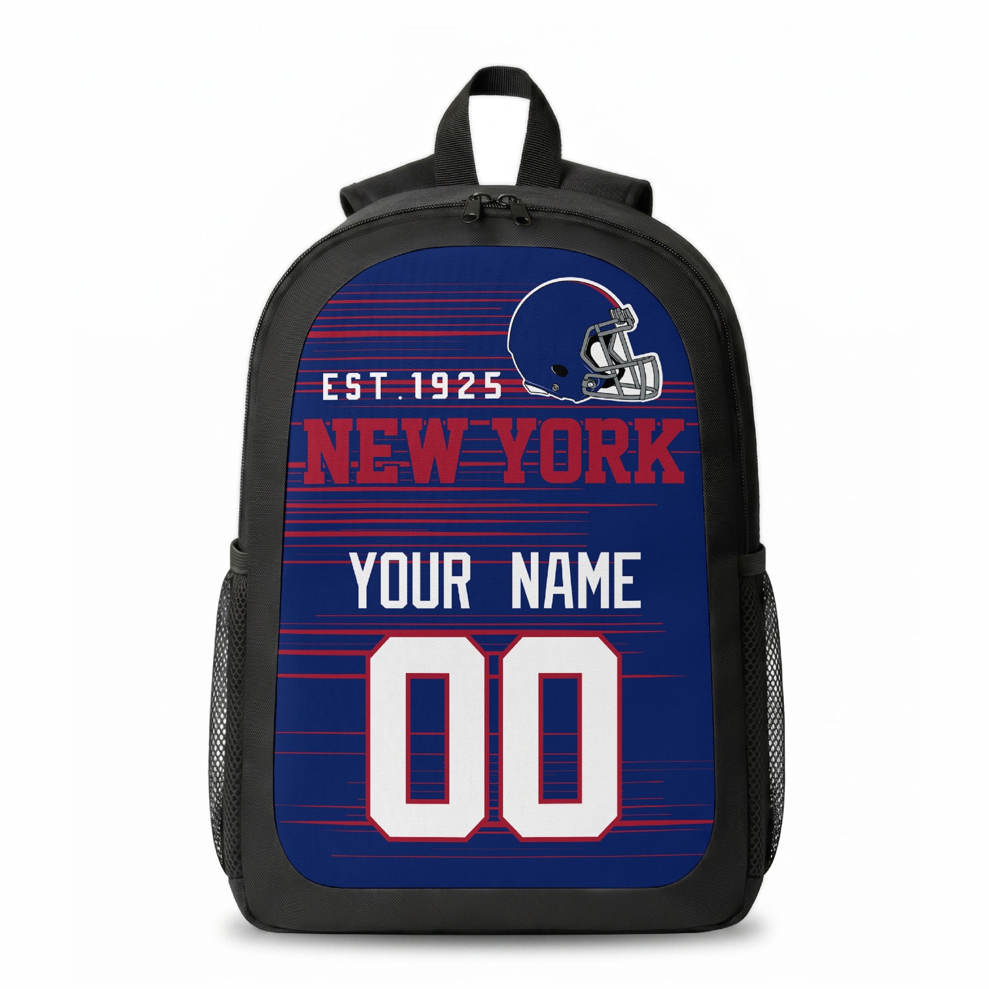 New York stripe colors personalized football backpack front view with helmet-style graphic