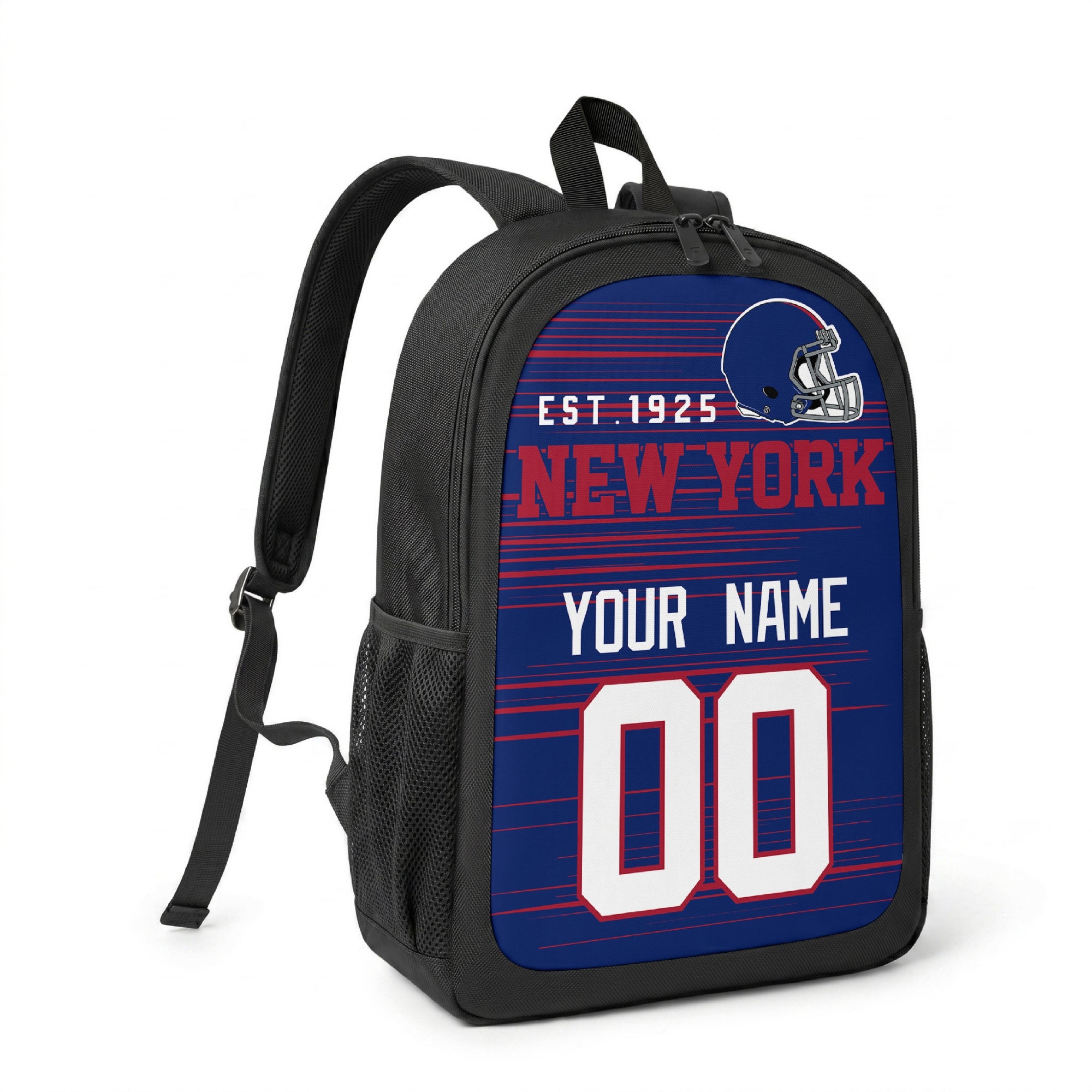 New York custom name and number football backpack angled side view with black straps