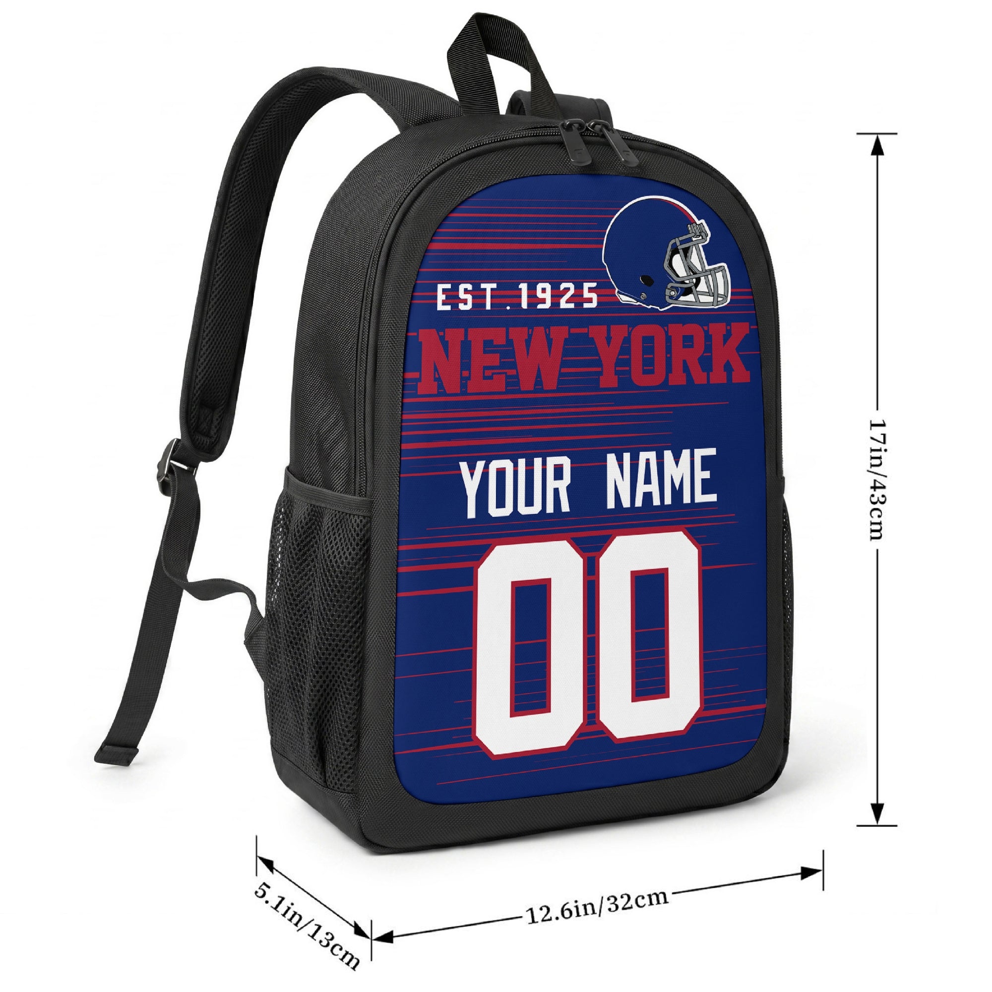 New York football-inspired backpack size chart showing 17 inch height, 12.6 inch width, and 5.1 inch depth