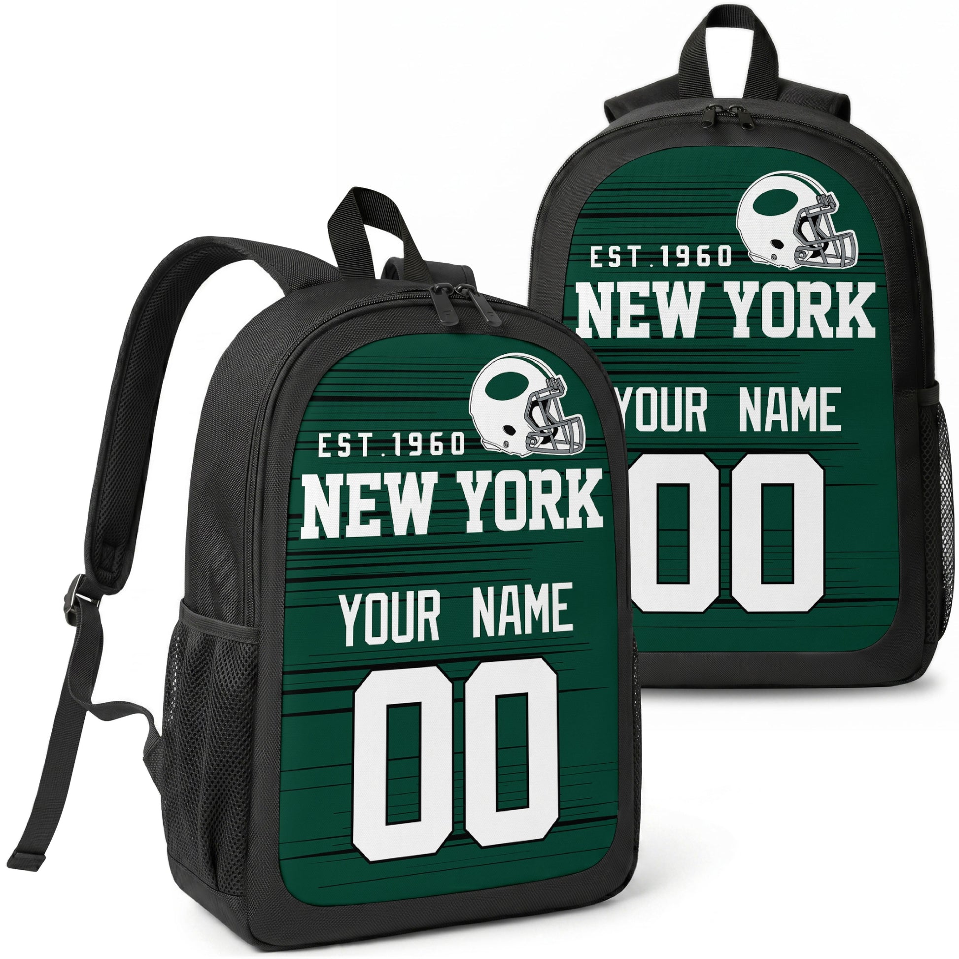 New York Green custom football backpack with name and number, front and angled product view