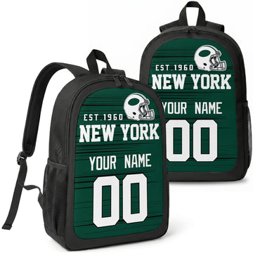 New York Green custom football backpack with name and number, front and angled product view