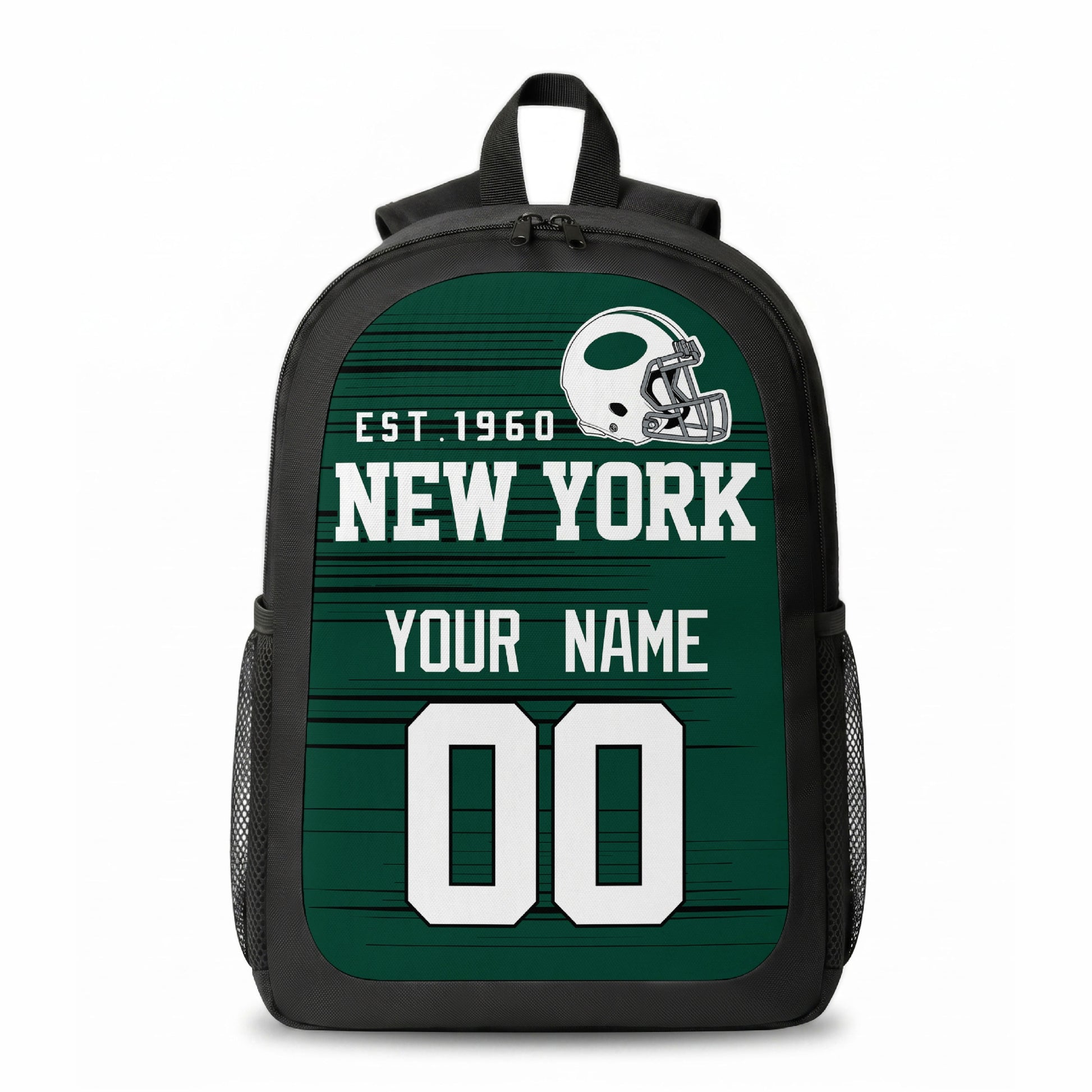 New York Green stripe colors personalized football backpack front view with helmet-style graphic