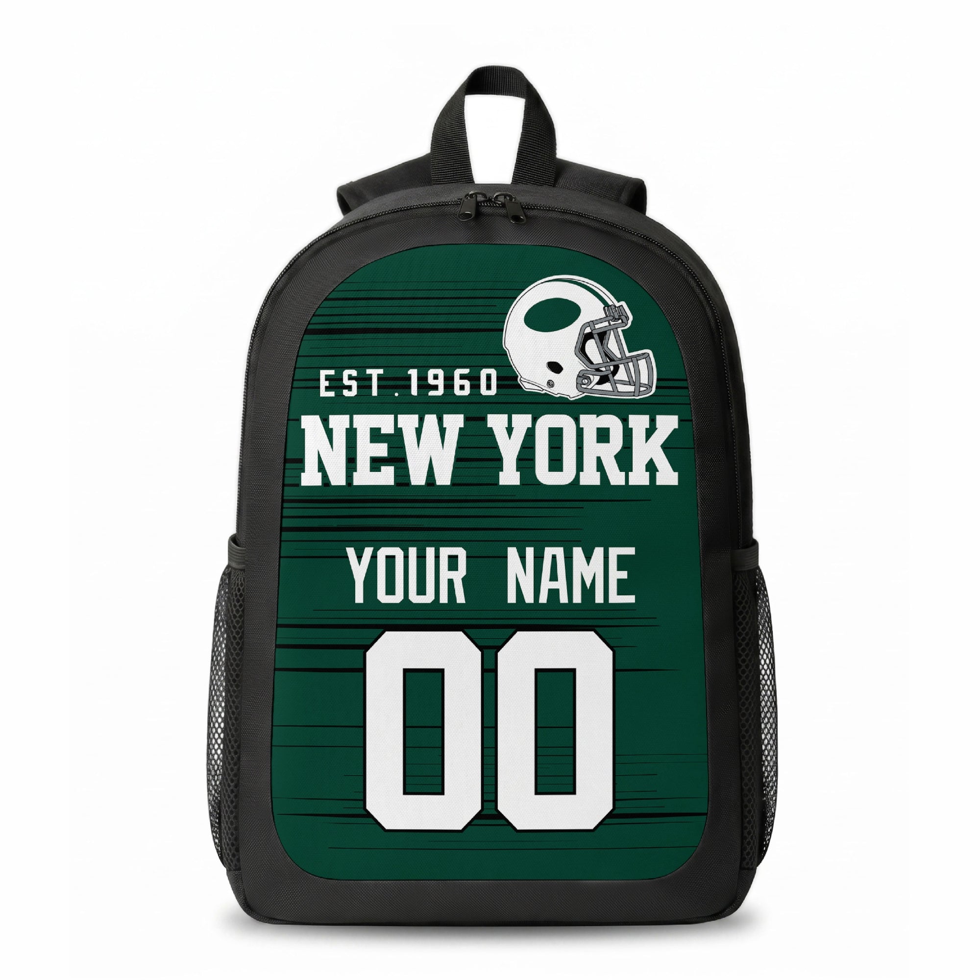 New York Green stripe colors personalized football backpack front view with helmet-style graphic