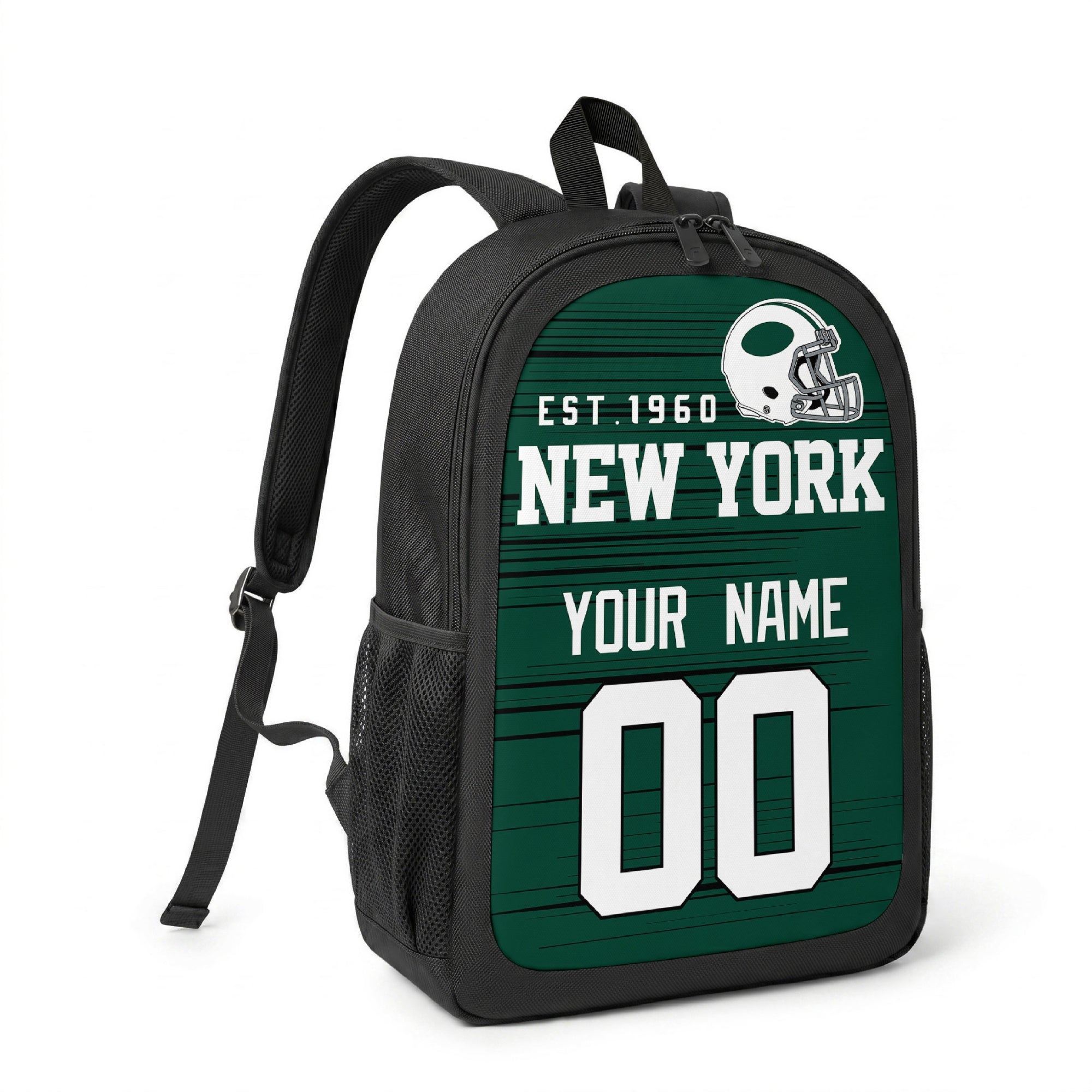 New York Green custom name and number football backpack angled side view with black straps