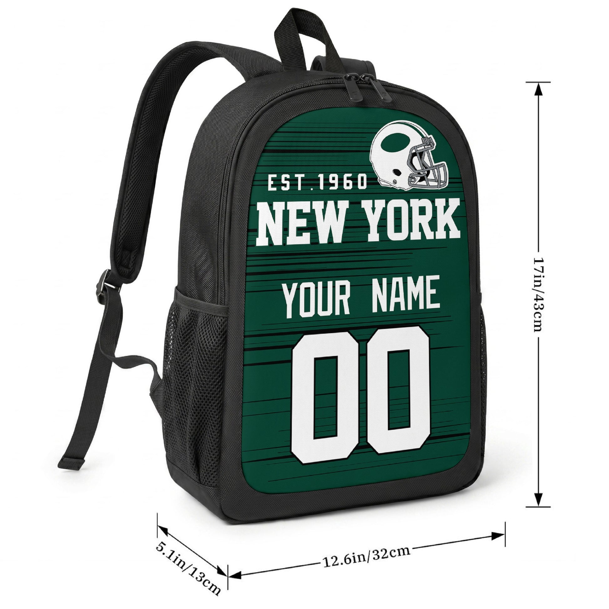 New York Green football-inspired backpack size chart showing 17 inch height, 12.6 inch width, and 5.1 inch depth