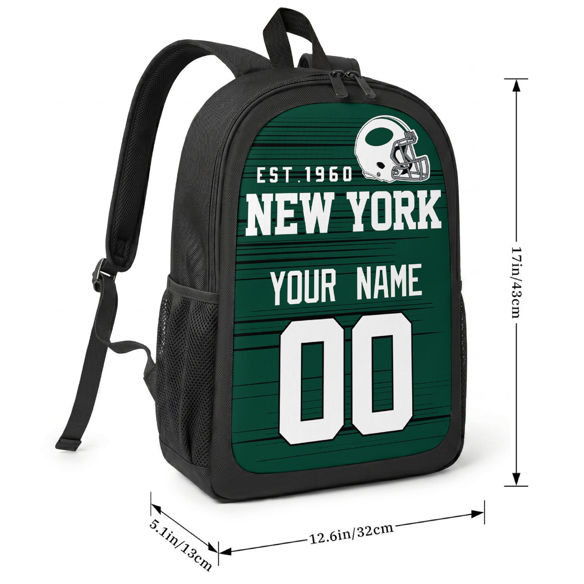 New York Green football-inspired backpack size chart showing 17 inch height, 12.6 inch width, and 5.1 inch depth