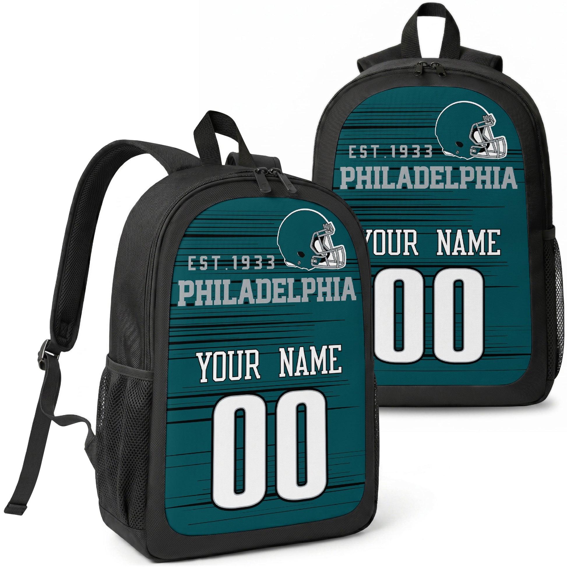 Philadelphia custom football backpack with name and number, front and angled product view