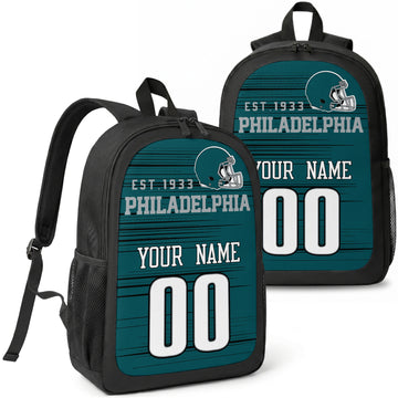 Philadelphia custom football backpack with name and number, front and angled product view