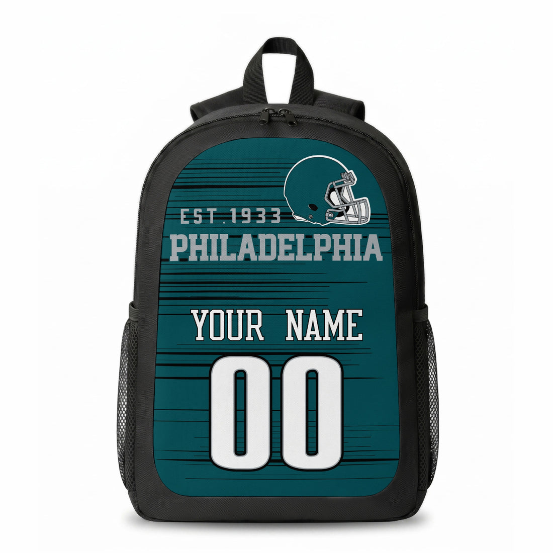 Philadelphia custom football backpack with name and number, front and angled product view