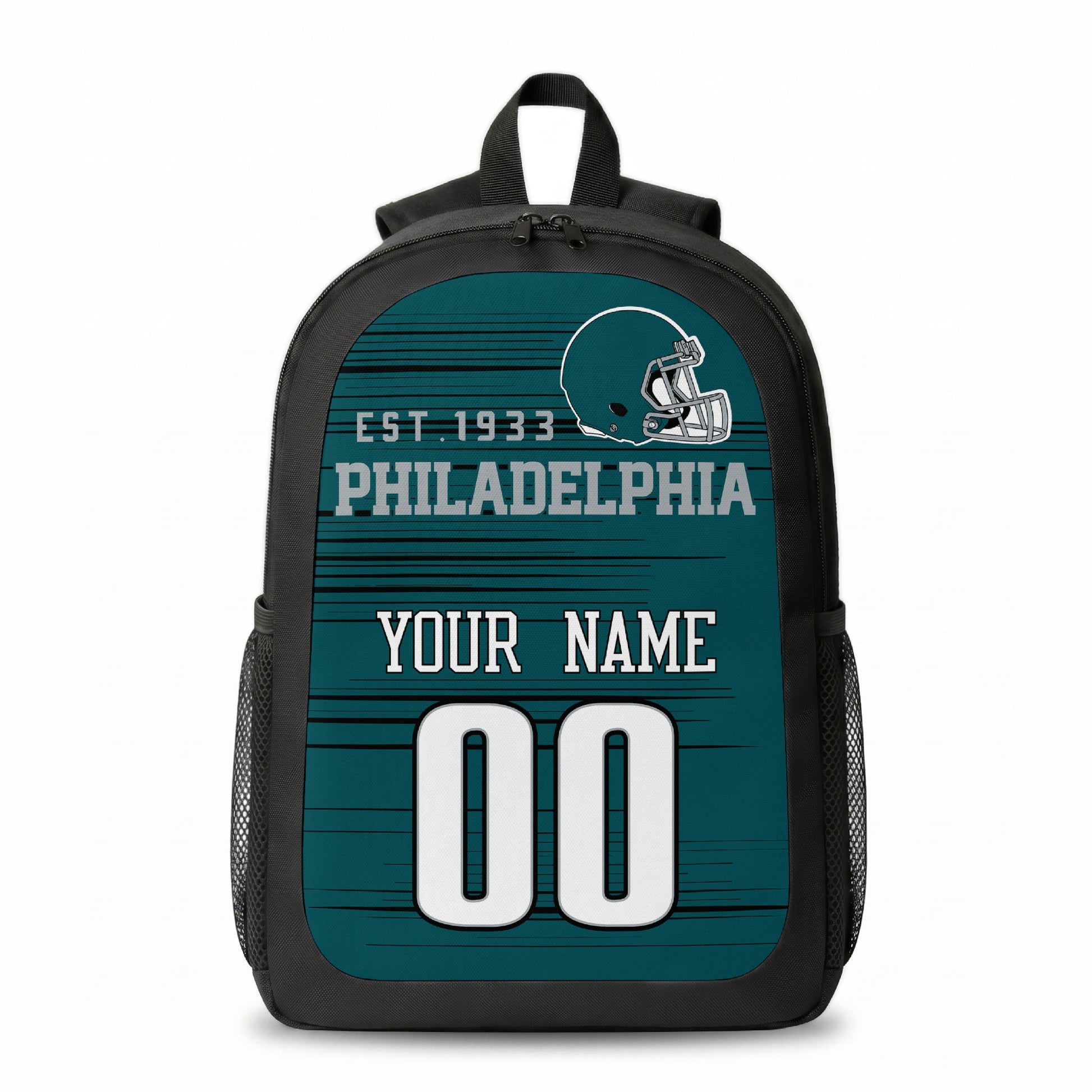 Philadelphia stripe colors personalized football backpack front view with helmet-style graphic