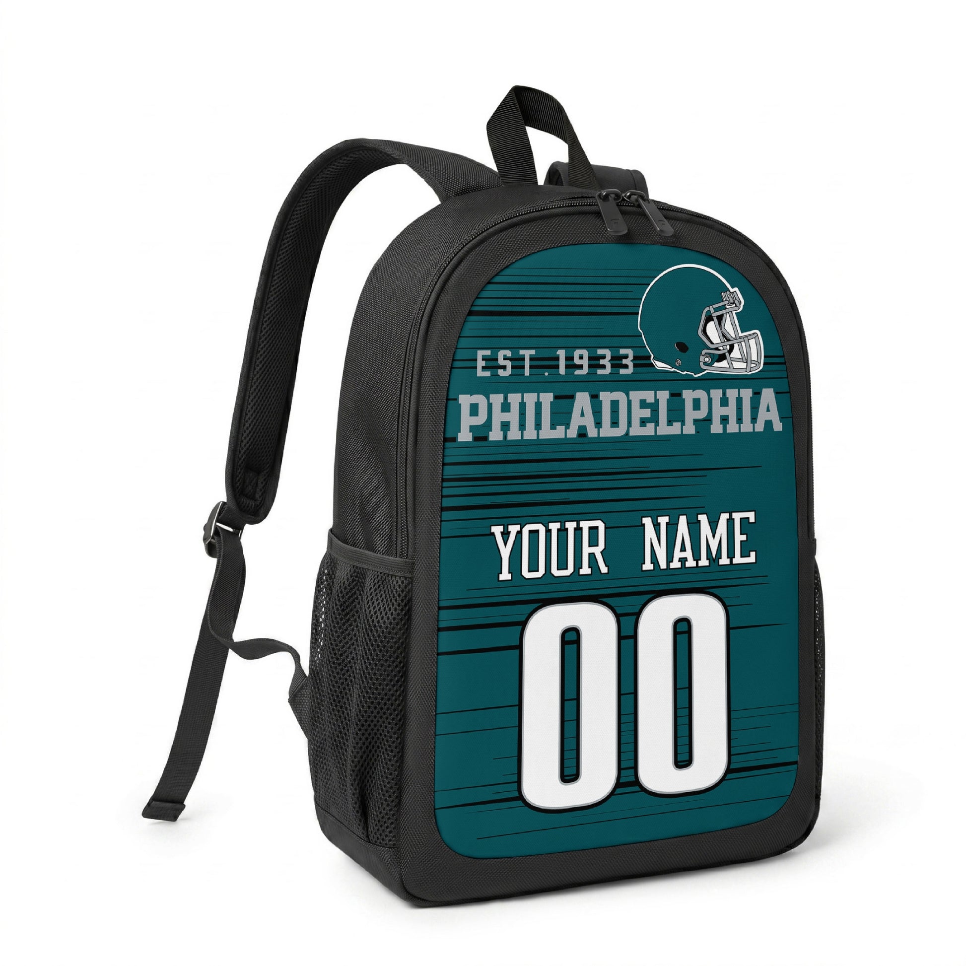 Philadelphia custom name and number football backpack angled side view with black straps