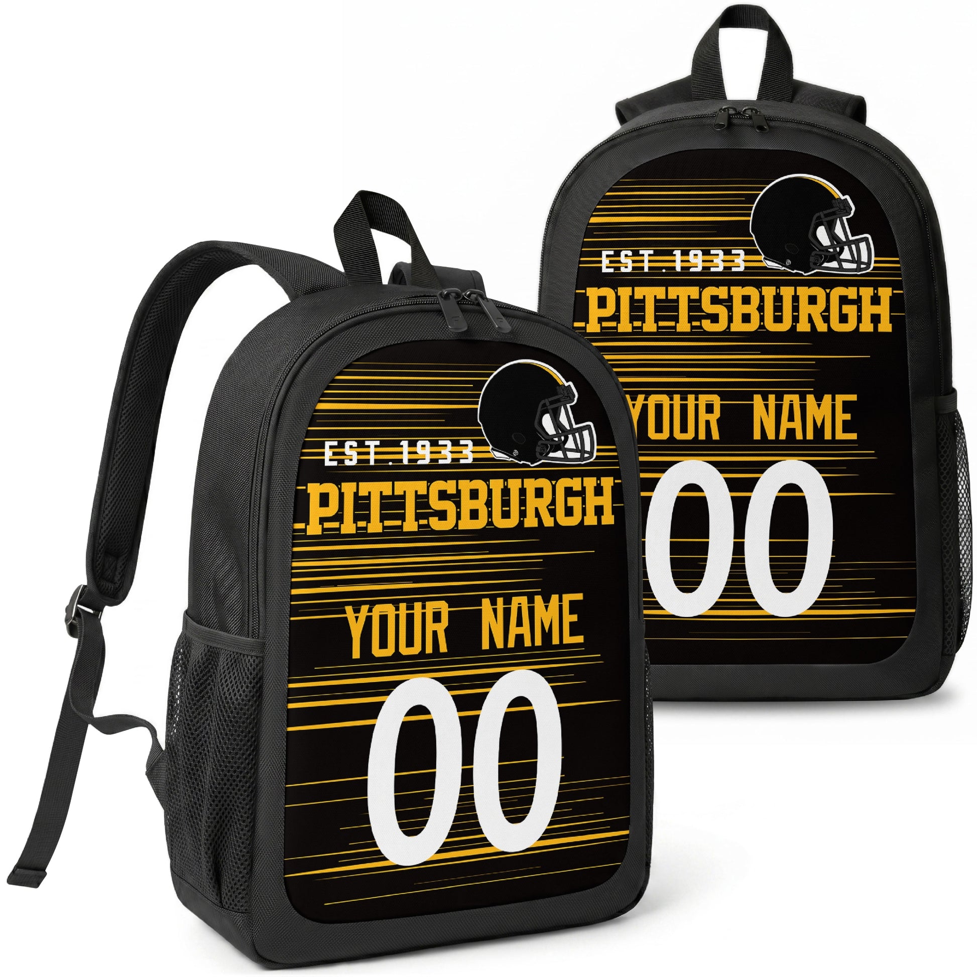 Pittsburgh custom football backpack with name and number, front and angled product view