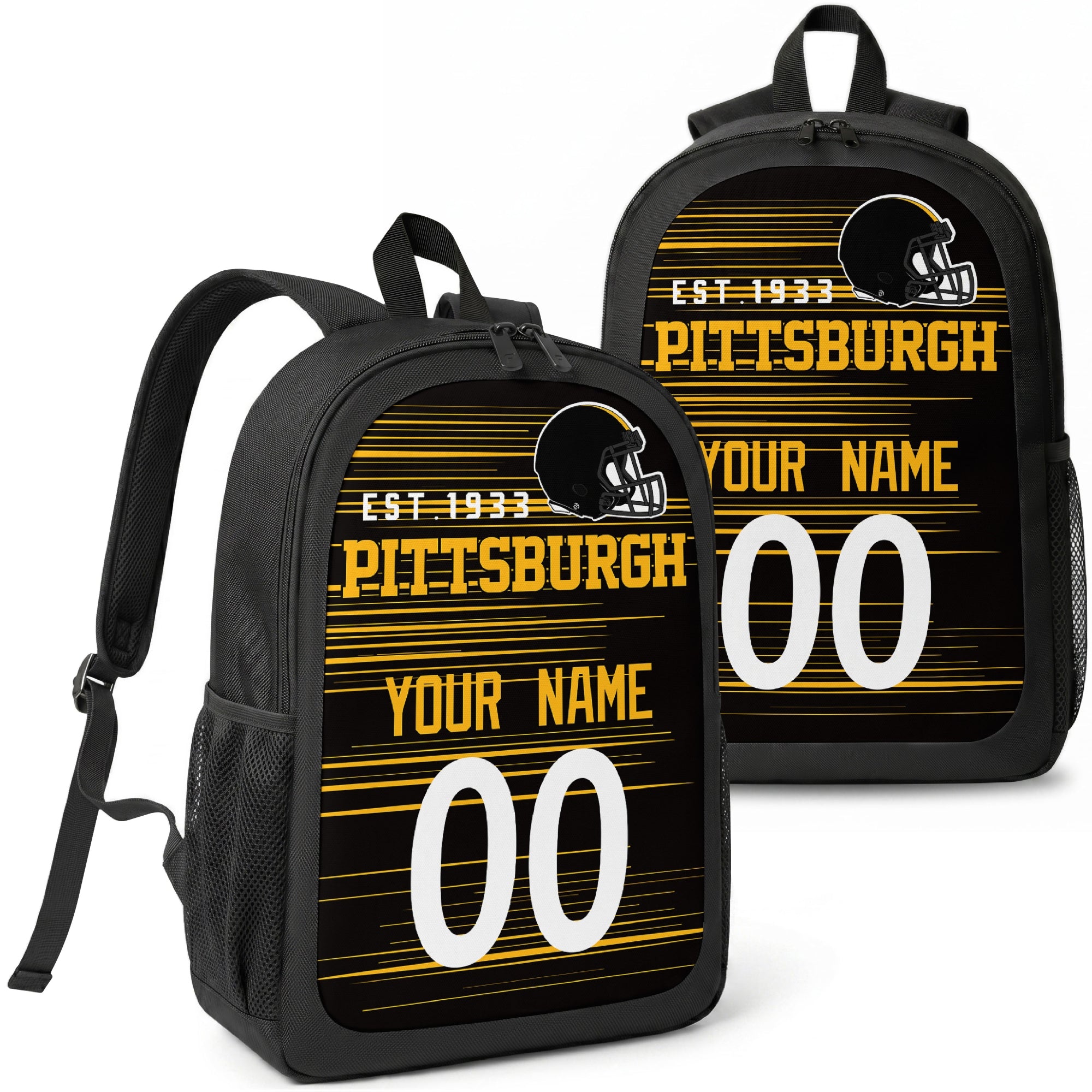 Pittsburgh custom football backpack with name and number, front and angled product view