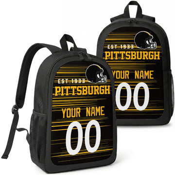 Pittsburgh custom football backpack with name and number, front and angled product view