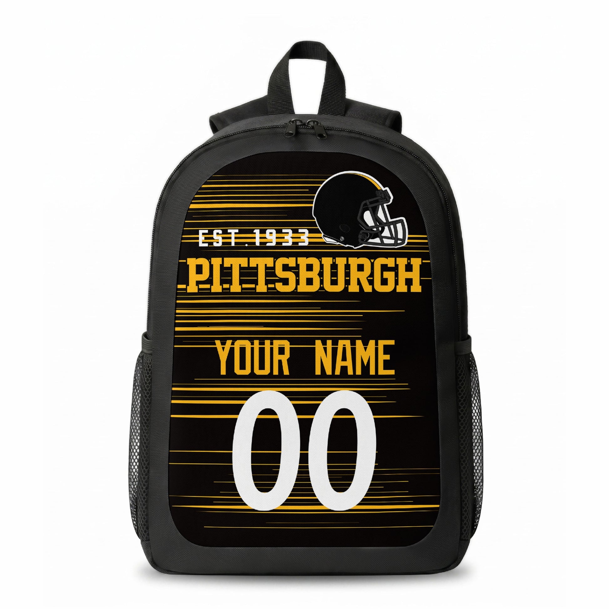 Pittsburgh stripe colors personalized football backpack front view with helmet-style graphic