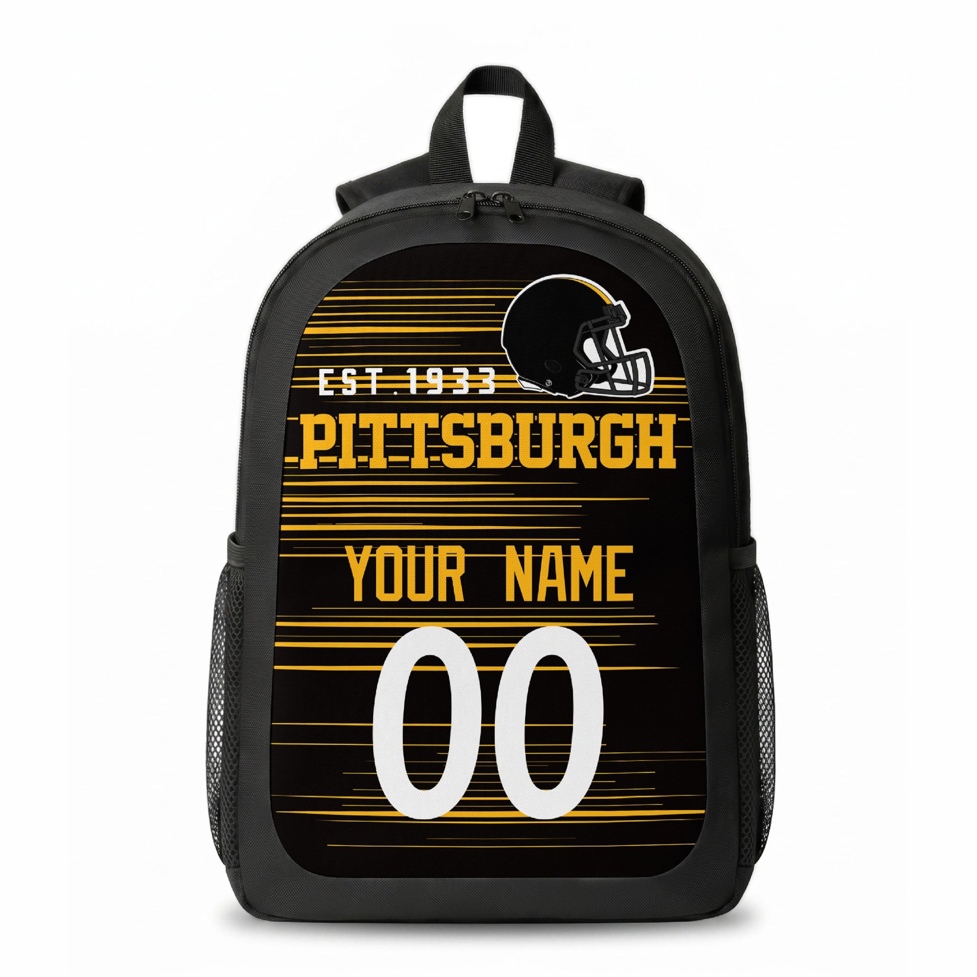 Pittsburgh stripe colors personalized football backpack front view with helmet-style graphic