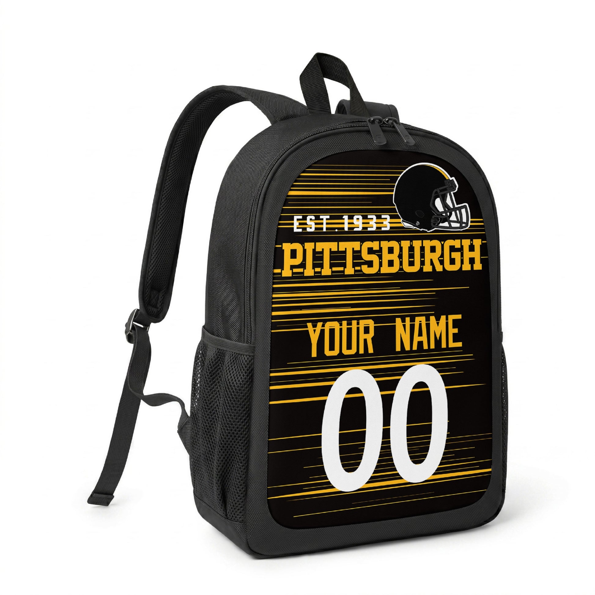 Pittsburgh custom name and number football backpack angled side view with black straps