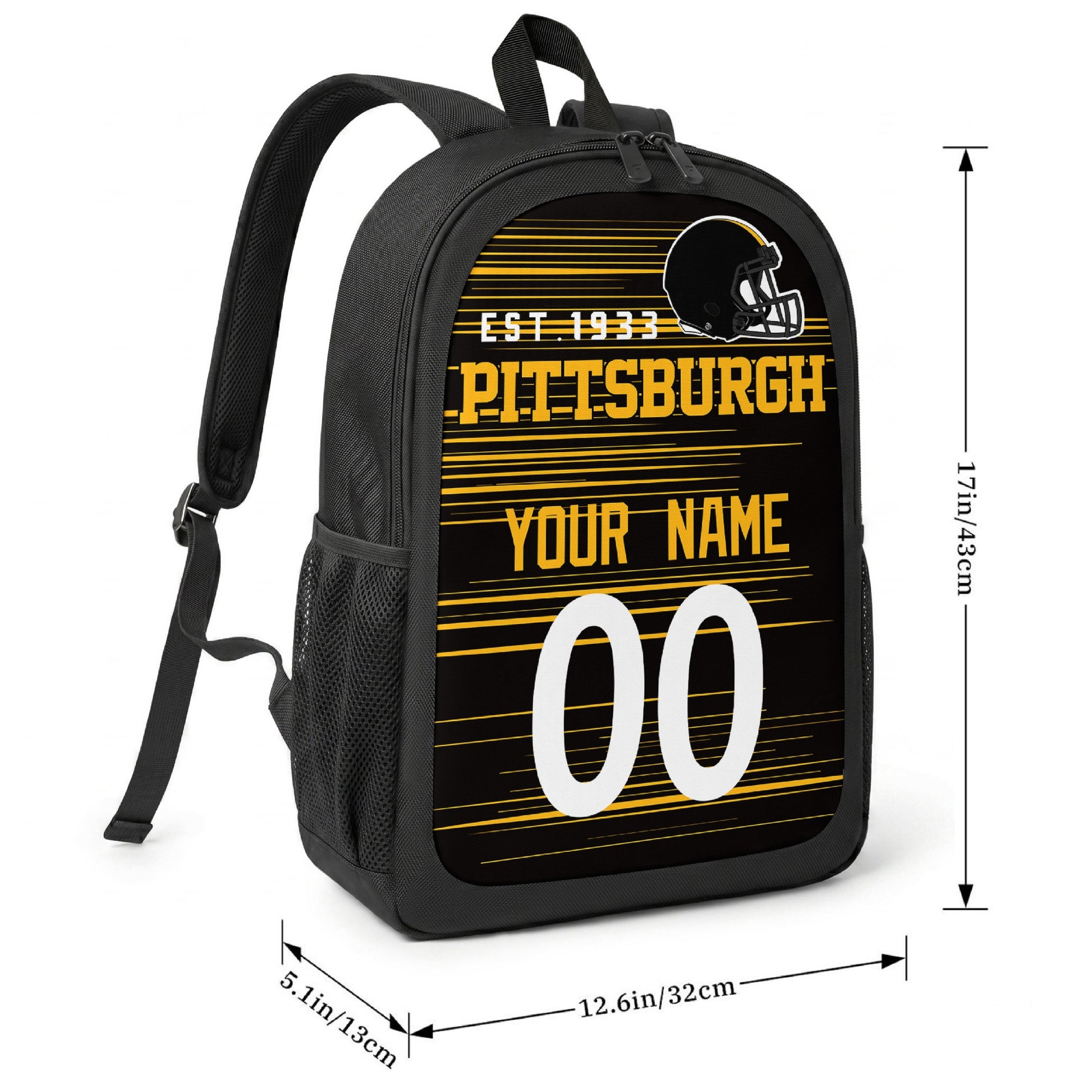 Pittsburgh football-inspired backpack size chart showing 17 inch height, 12.6 inch width, and 5.1 inch depth