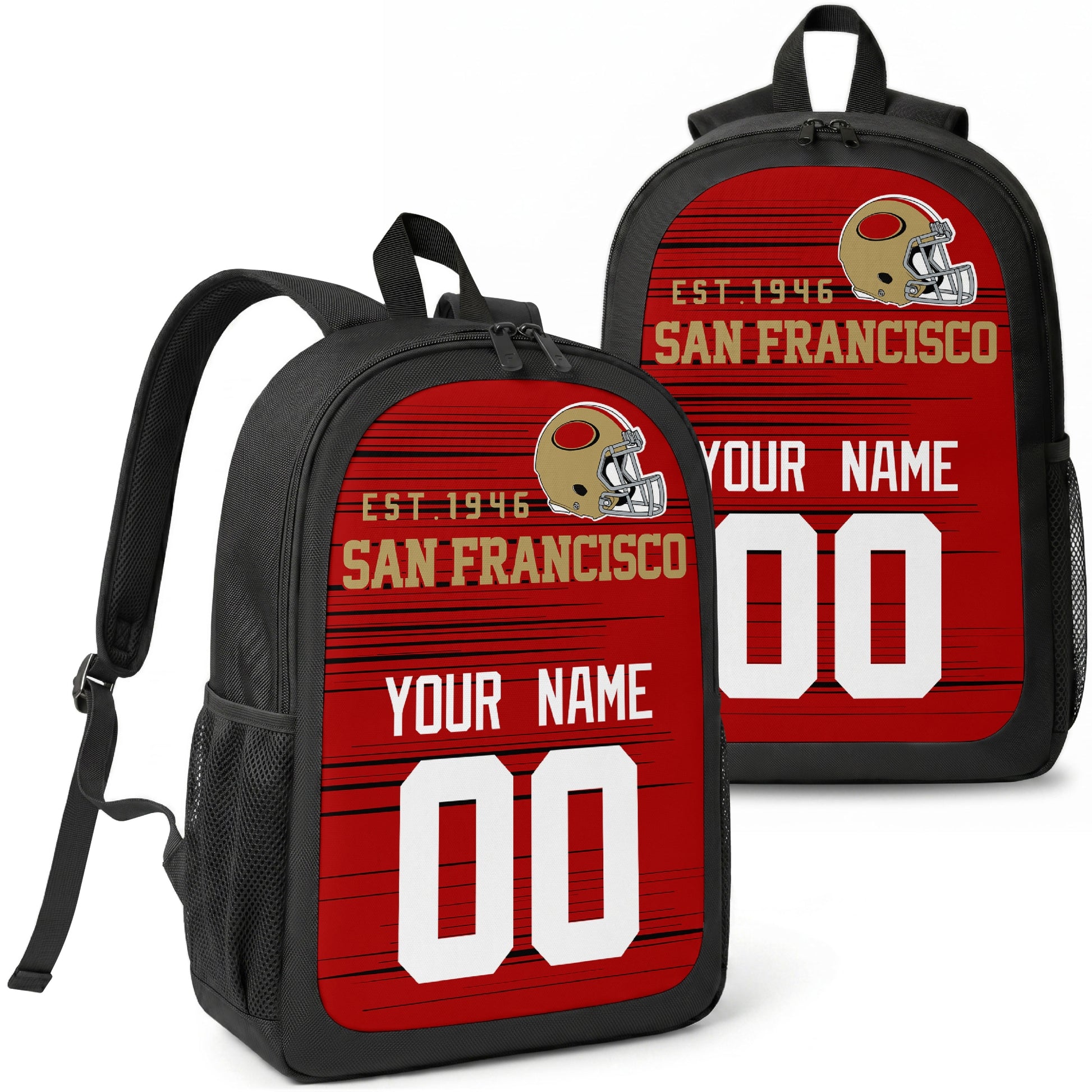 San Francisco custom football backpack with name and number, front and angled product view