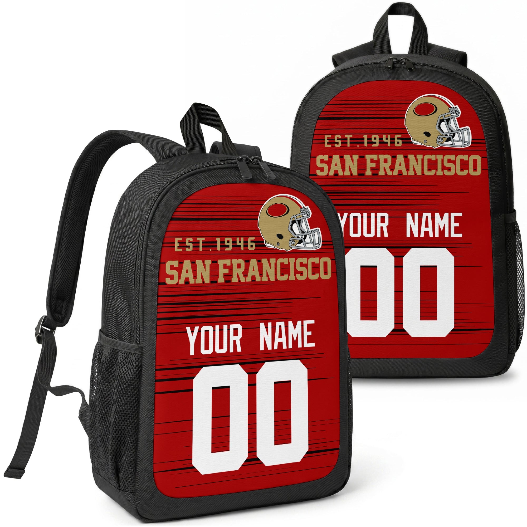 San Francisco custom football backpack with name and number, front and angled product view