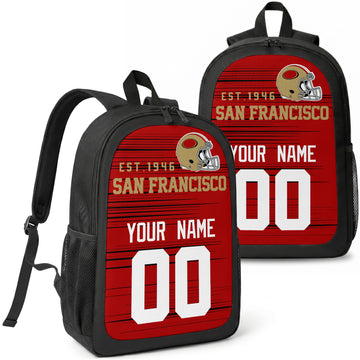 San Francisco custom football backpack with name and number, front and angled product view