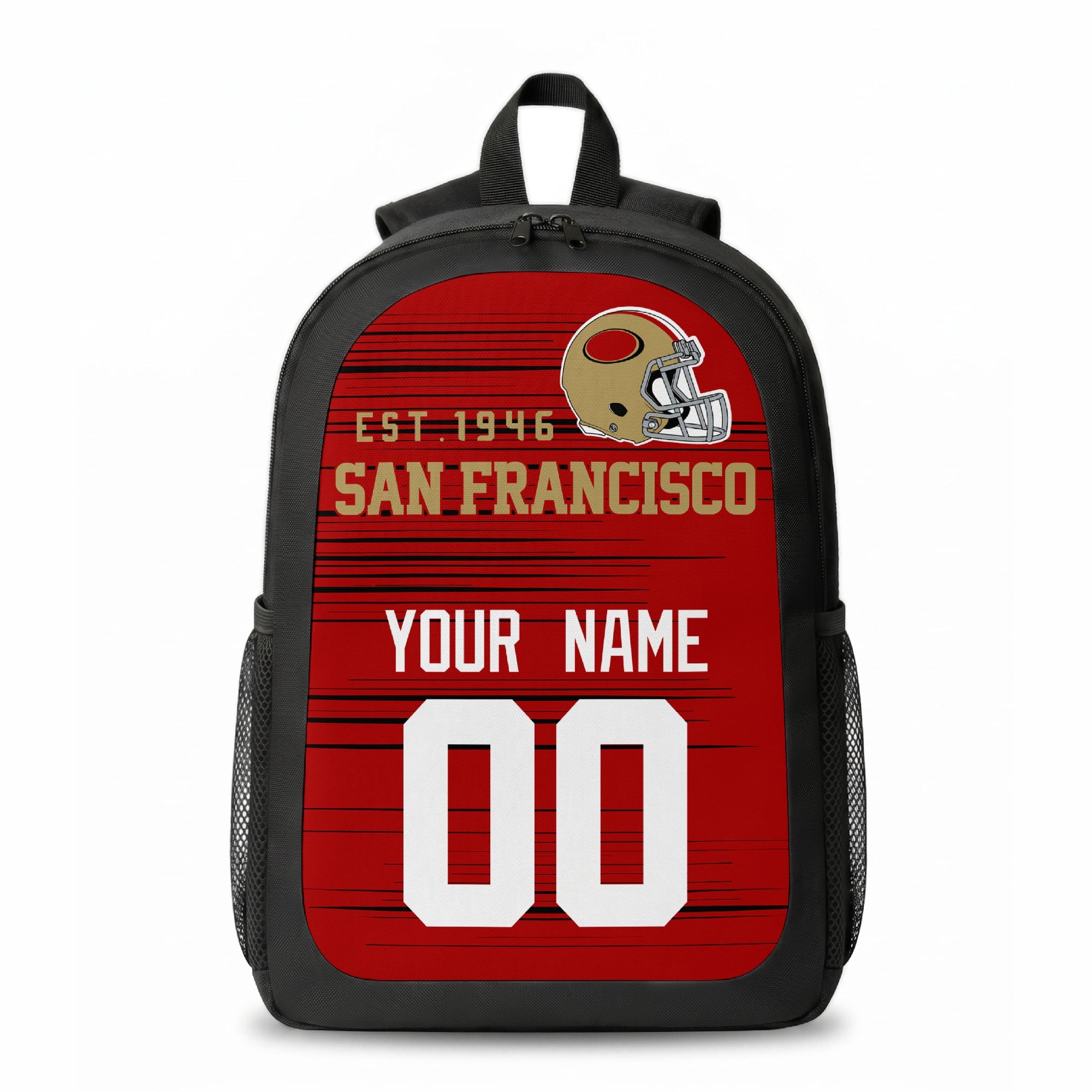 San Francisco stripe colors personalized football backpack front view with helmet-style graphic