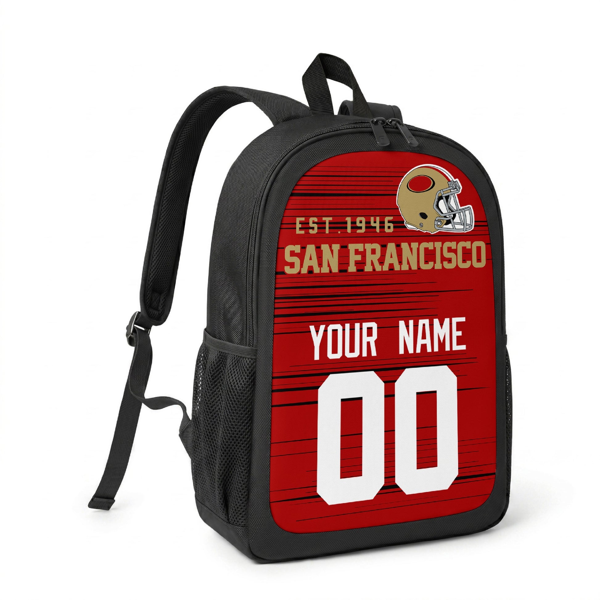 San Francisco custom name and number football backpack angled side view with black straps