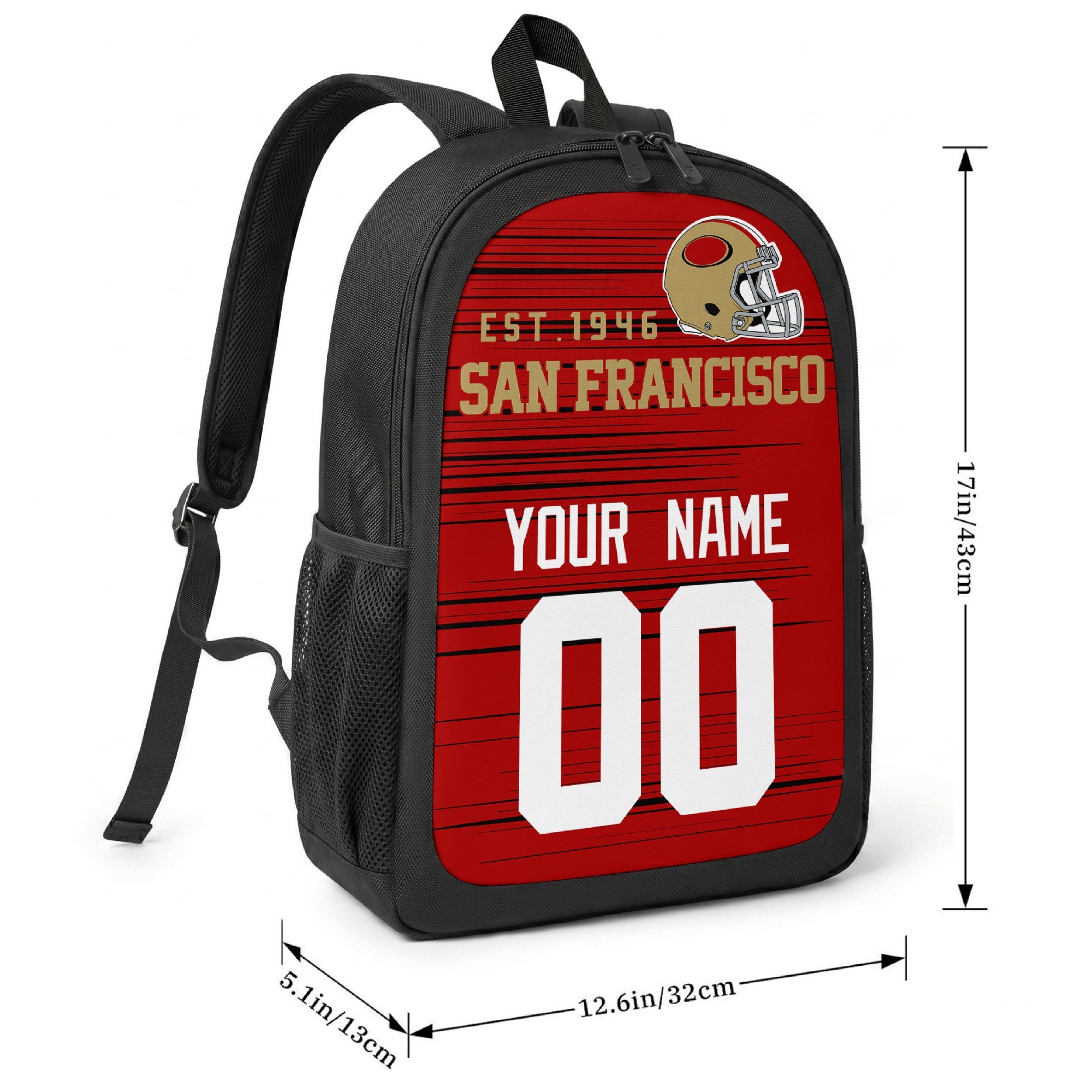 San Francisco football-inspired backpack size chart showing 17 inch height, 12.6 inch width, and 5.1 inch depth