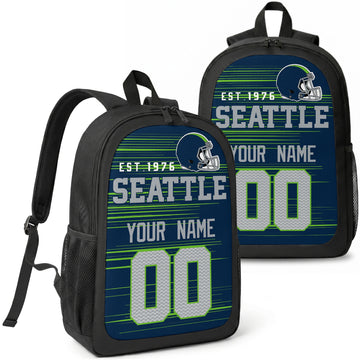 Seattle custom football backpack with name and number, front and angled product view