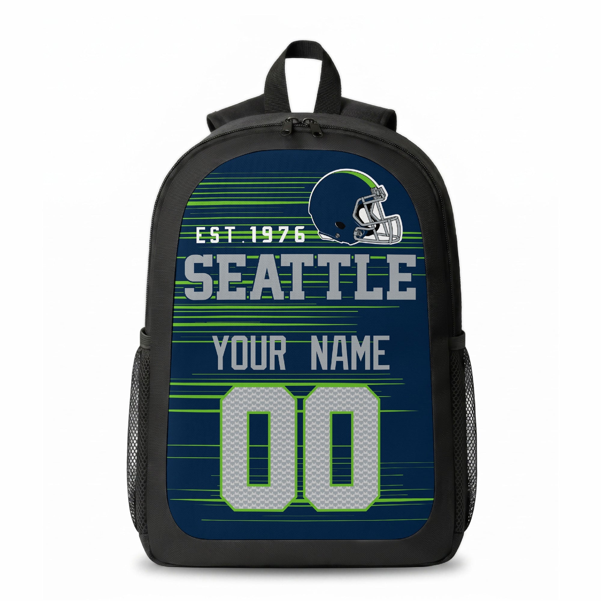 Seattle stripe colors personalized football backpack front view with helmet-style graphic