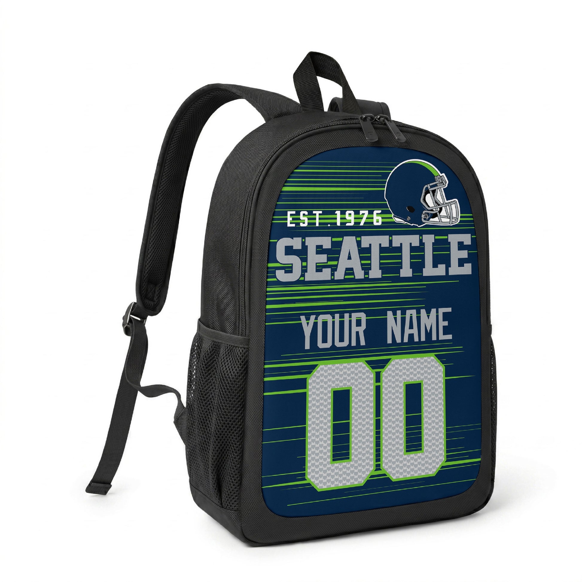 Seattle custom name and number football backpack angled side view with black straps