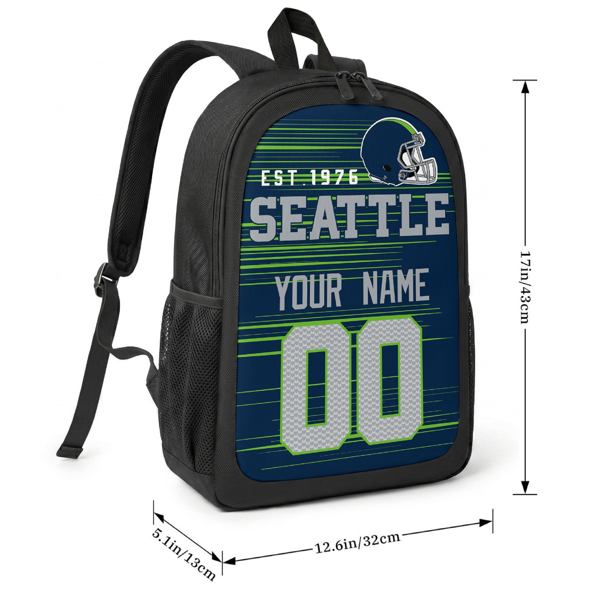 Seattle football-inspired backpack size chart showing 17 inch height, 12.6 inch width, and 5.1 inch depth