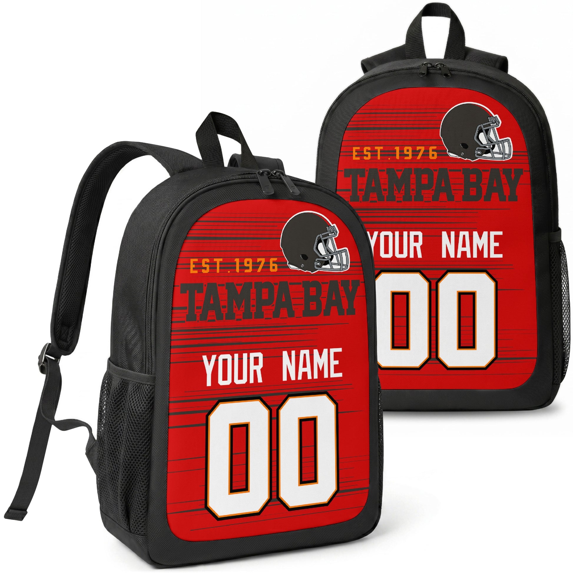 Tampa custom football backpack with name and number, front and angled product view