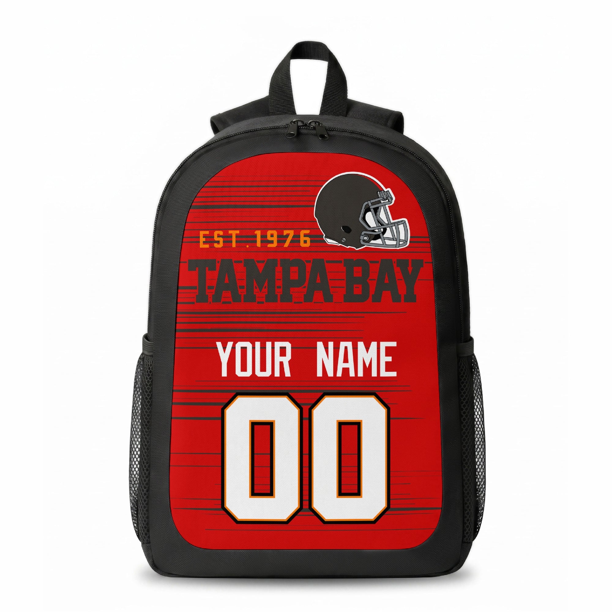 Tampa stripe colors personalized football backpack front view with helmet-style graphic