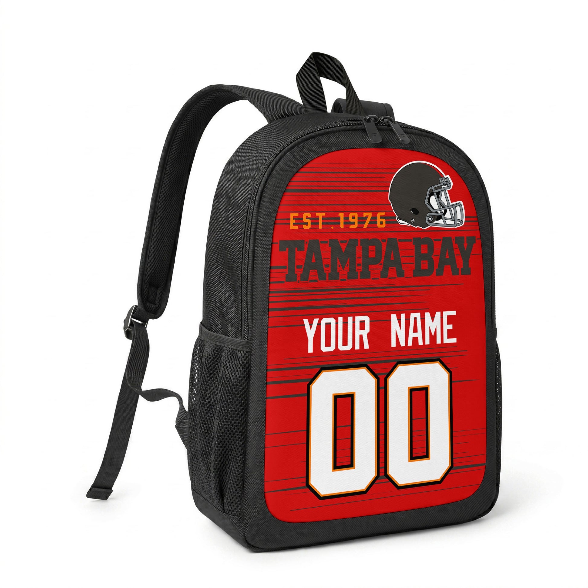 Tampa custom name and number football backpack angled side view with black straps