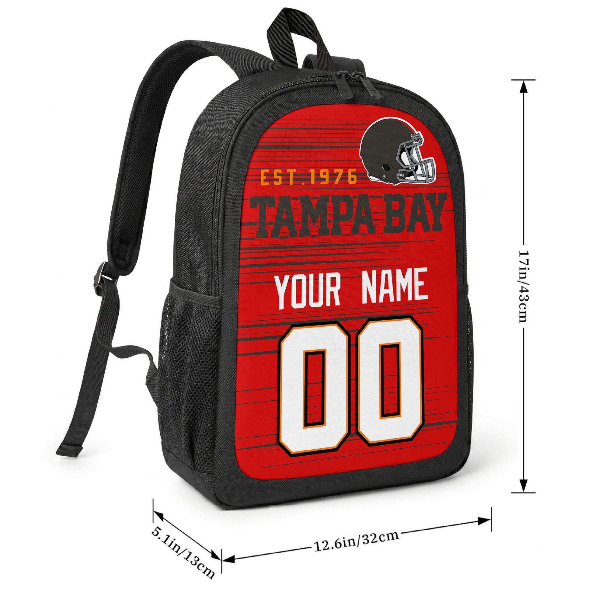 Tampa football-inspired backpack size chart showing 17 inch height, 12.6 inch width, and 5.1 inch depth