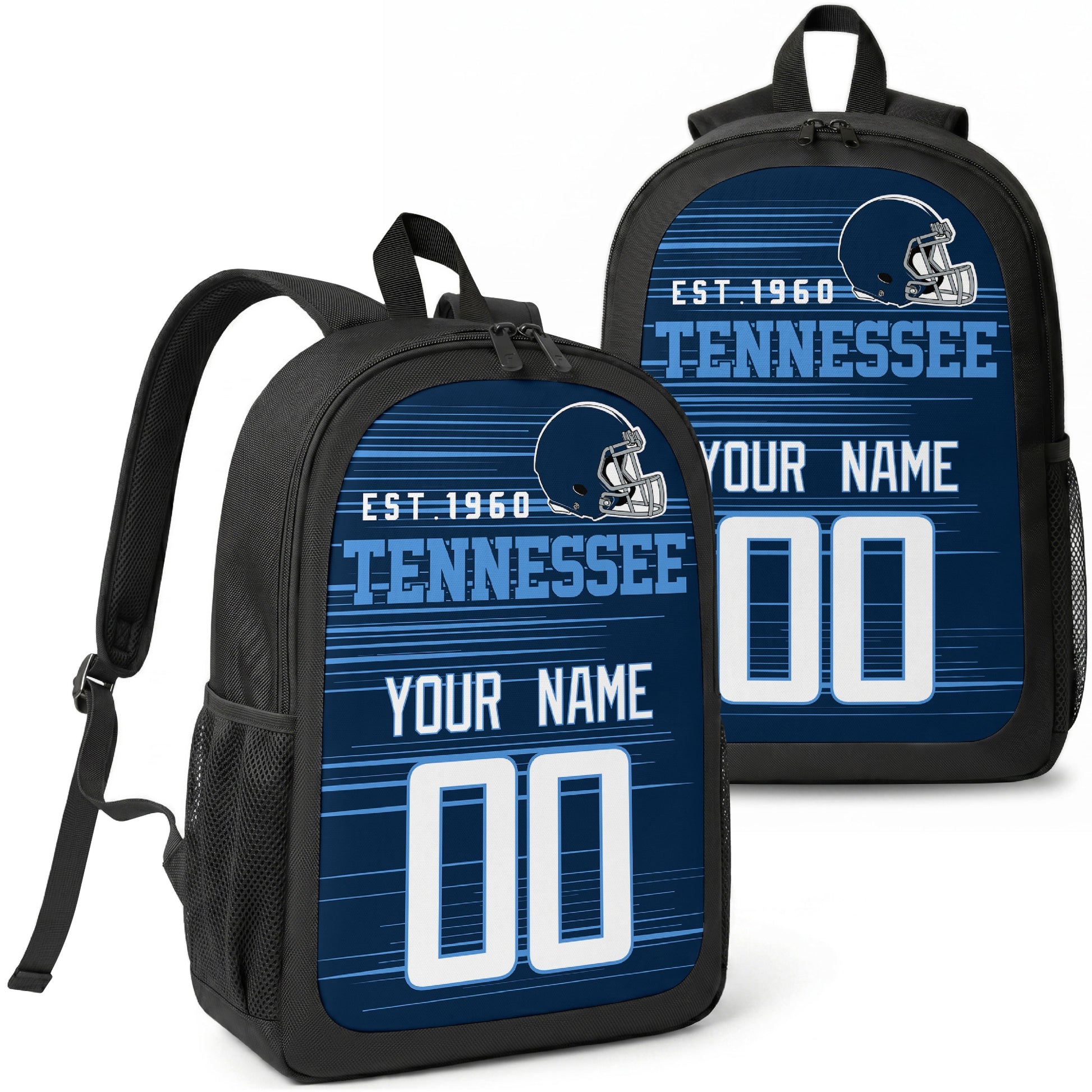 Tennessee custom football backpack with name and number, front and angled product view