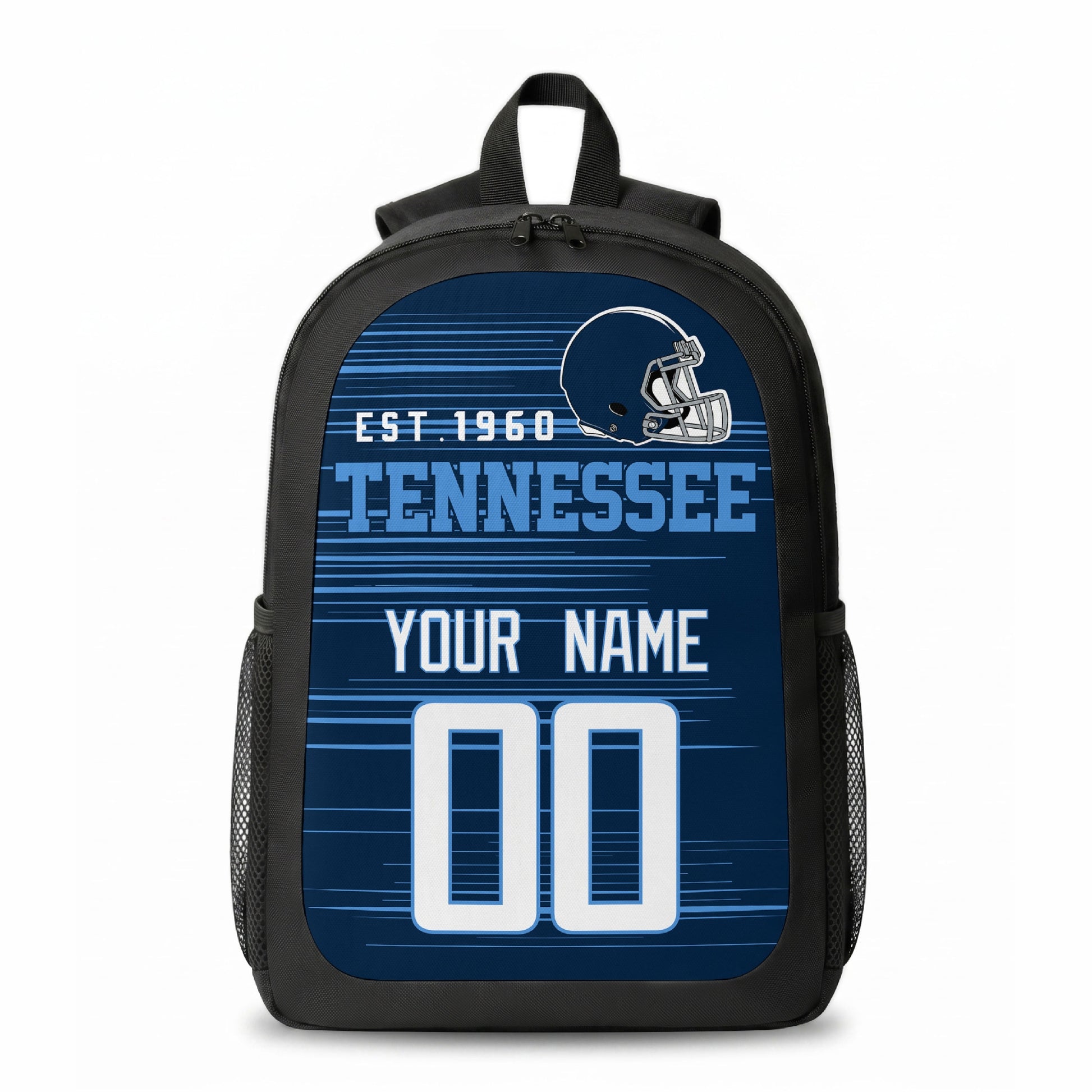 Tennessee stripe colors personalized football backpack front view with helmet-style graphic